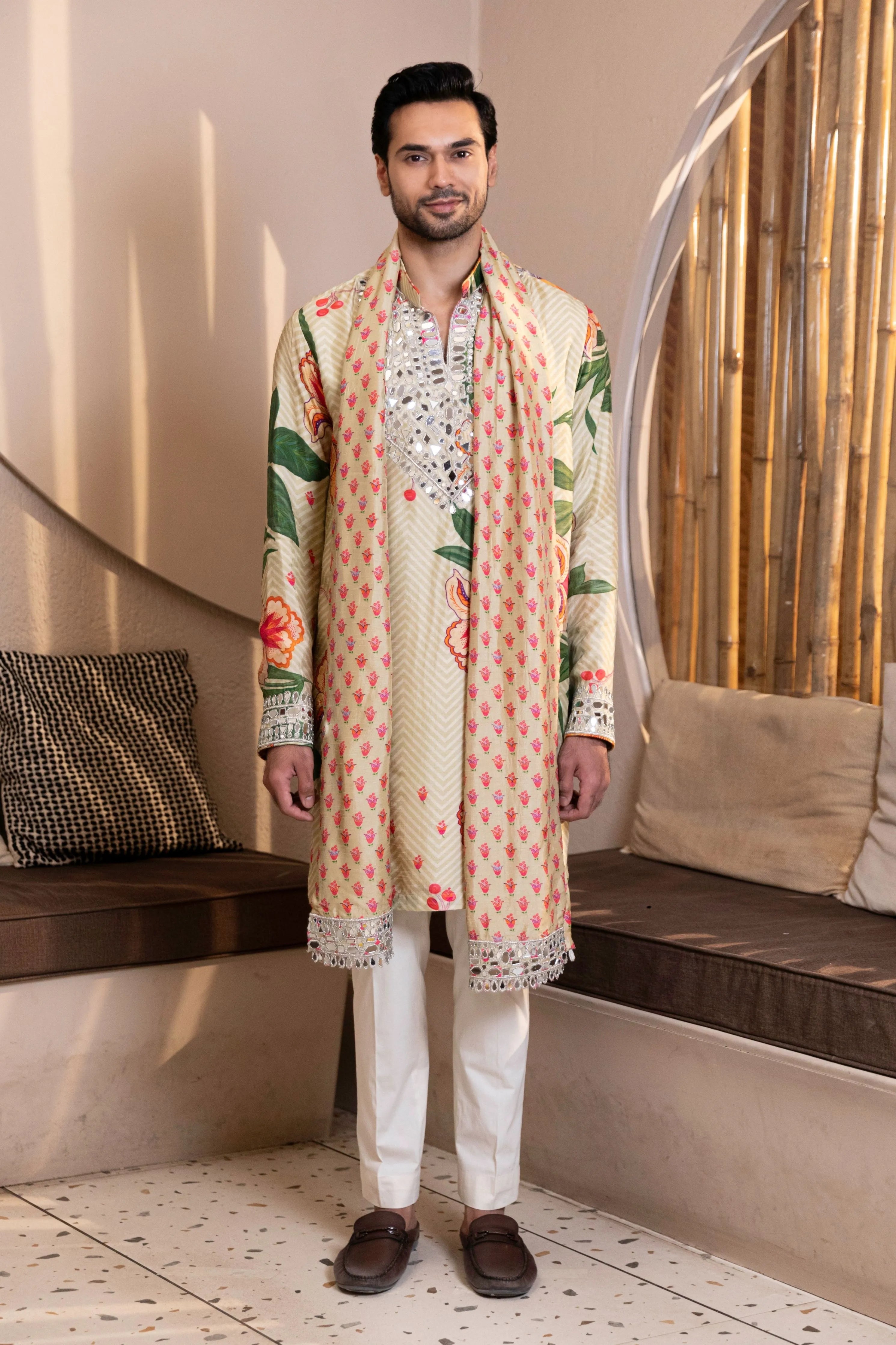Mosaic Floral Printed Kurta with Mirror Work & Stole Set