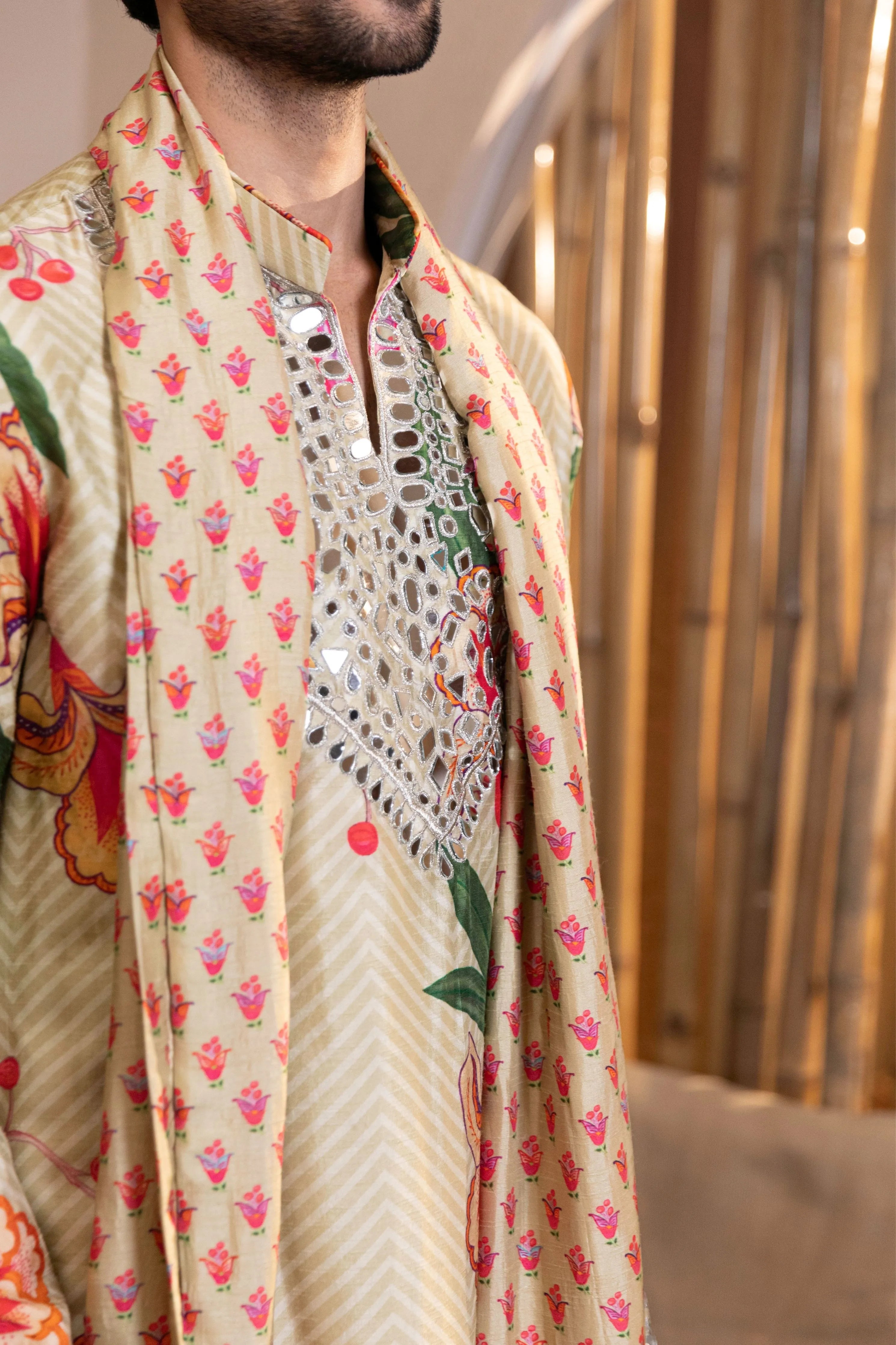 Mosaic Floral Printed Kurta with Mirror Work & Stole Set