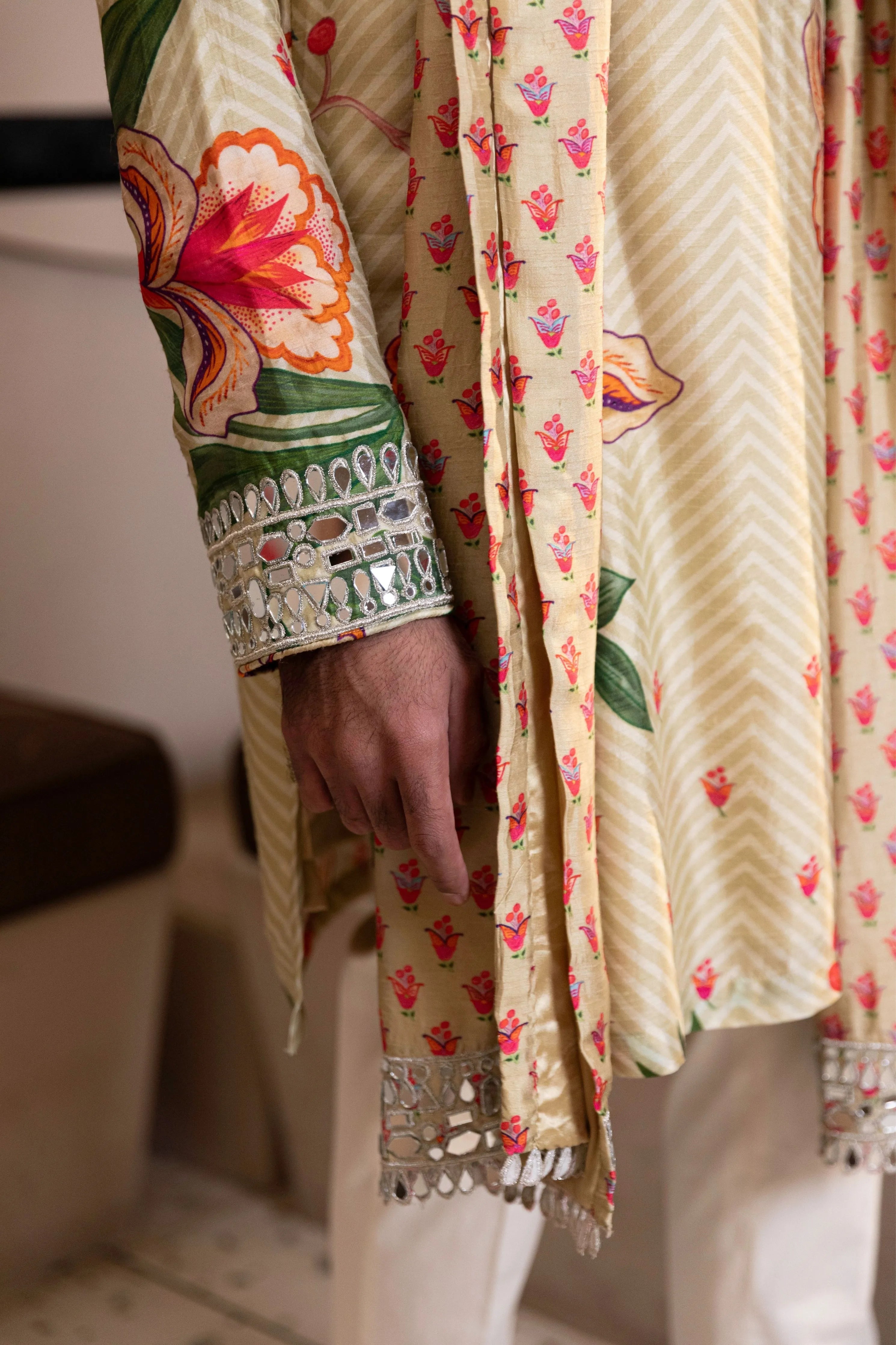 Mosaic Floral Printed Kurta with Mirror Work & Stole Set