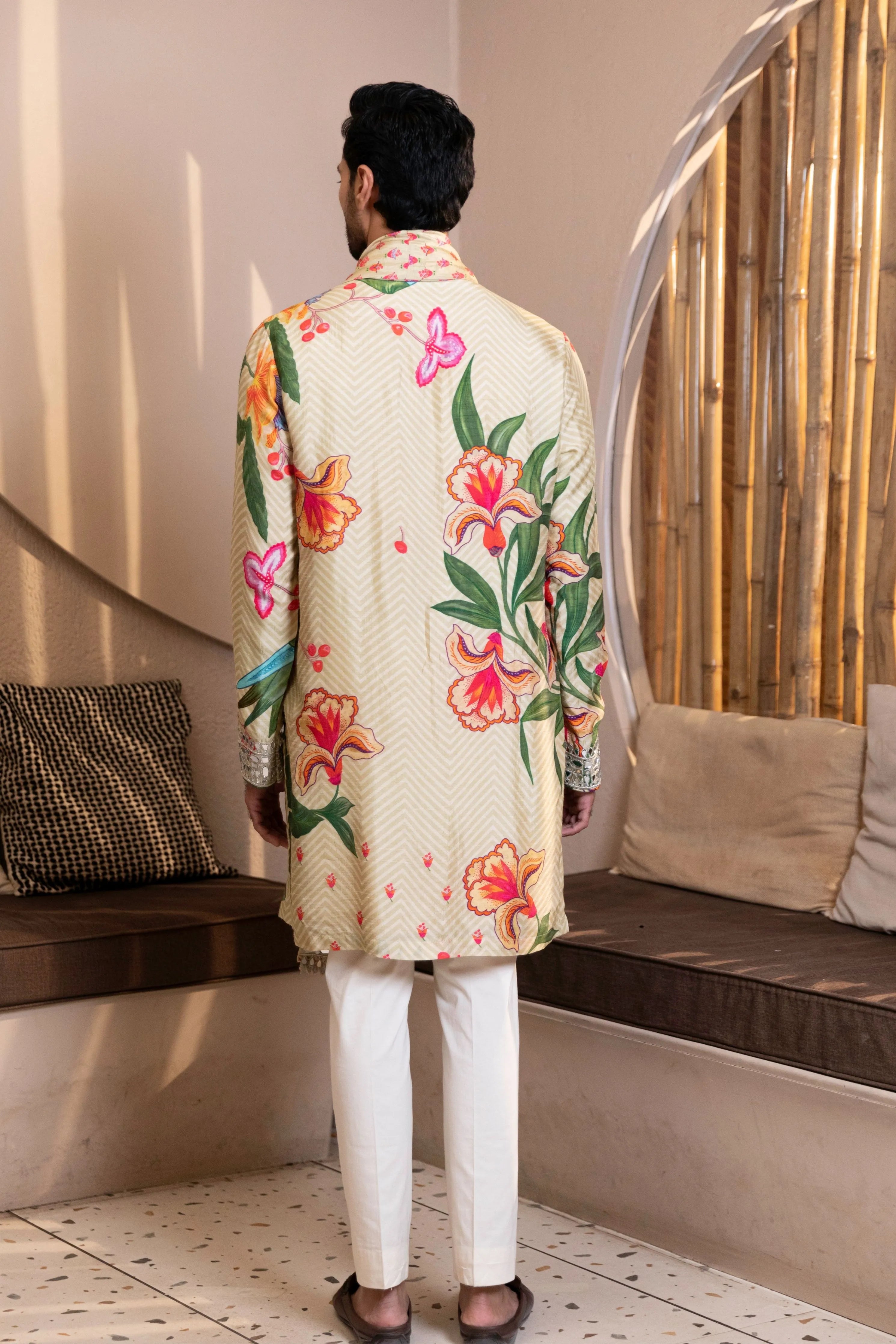 Mosaic Floral Printed Kurta with Mirror Work & Stole Set