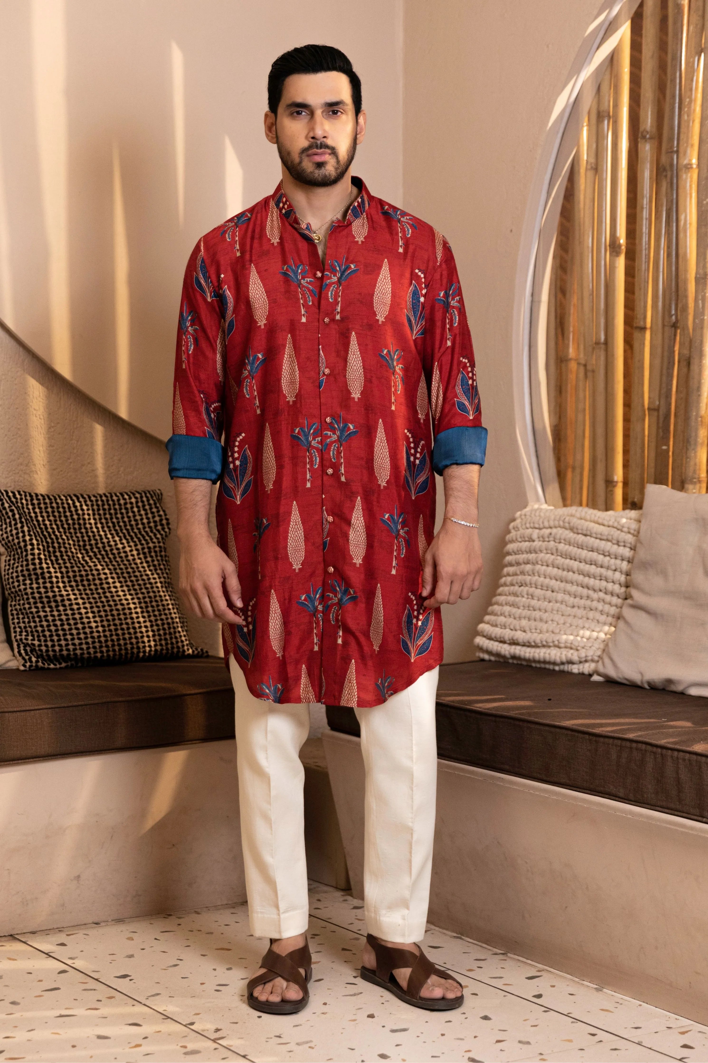 Palm Tree Print Kurta with Rollover Set