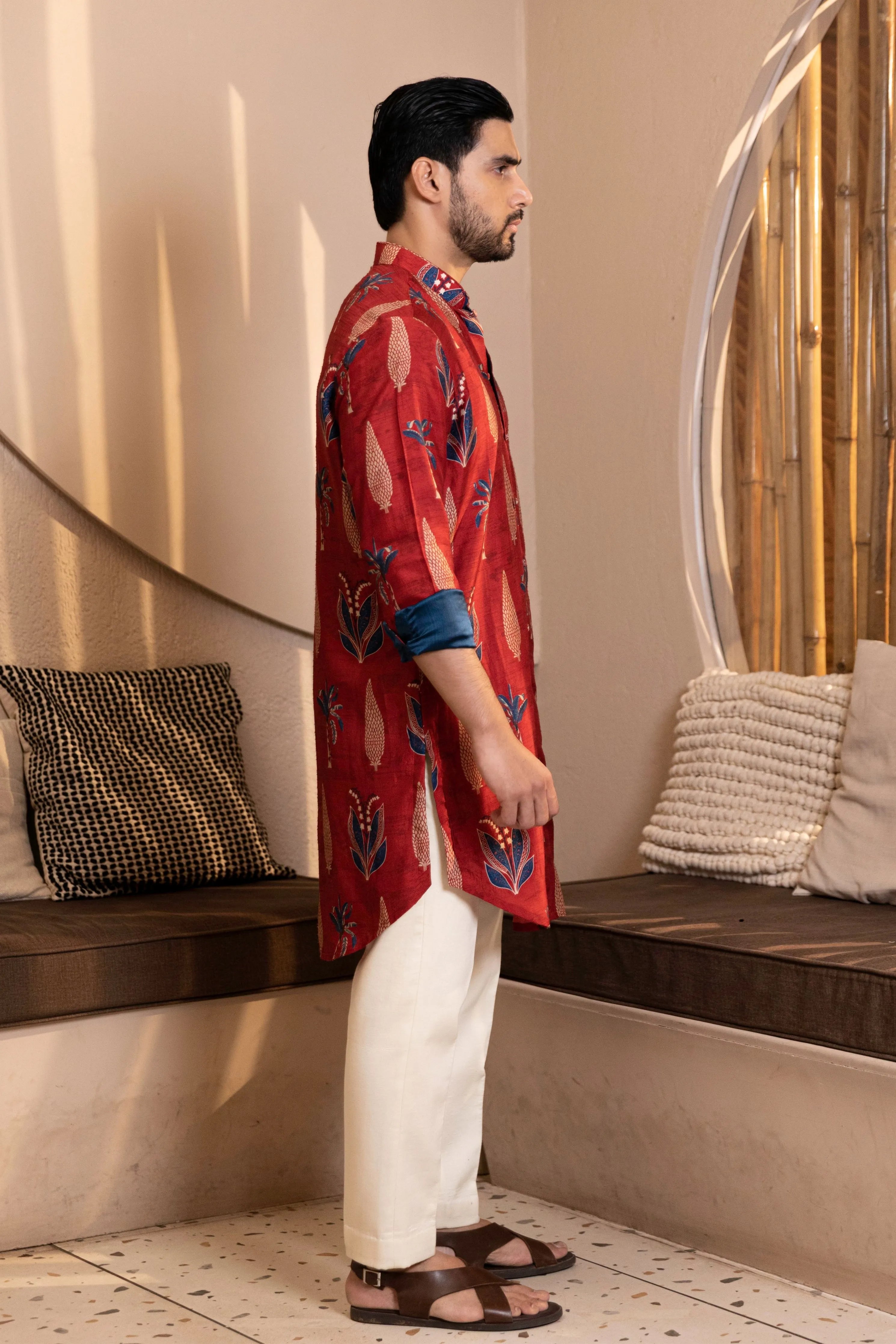 Palm Tree Print Kurta with Rollover Set