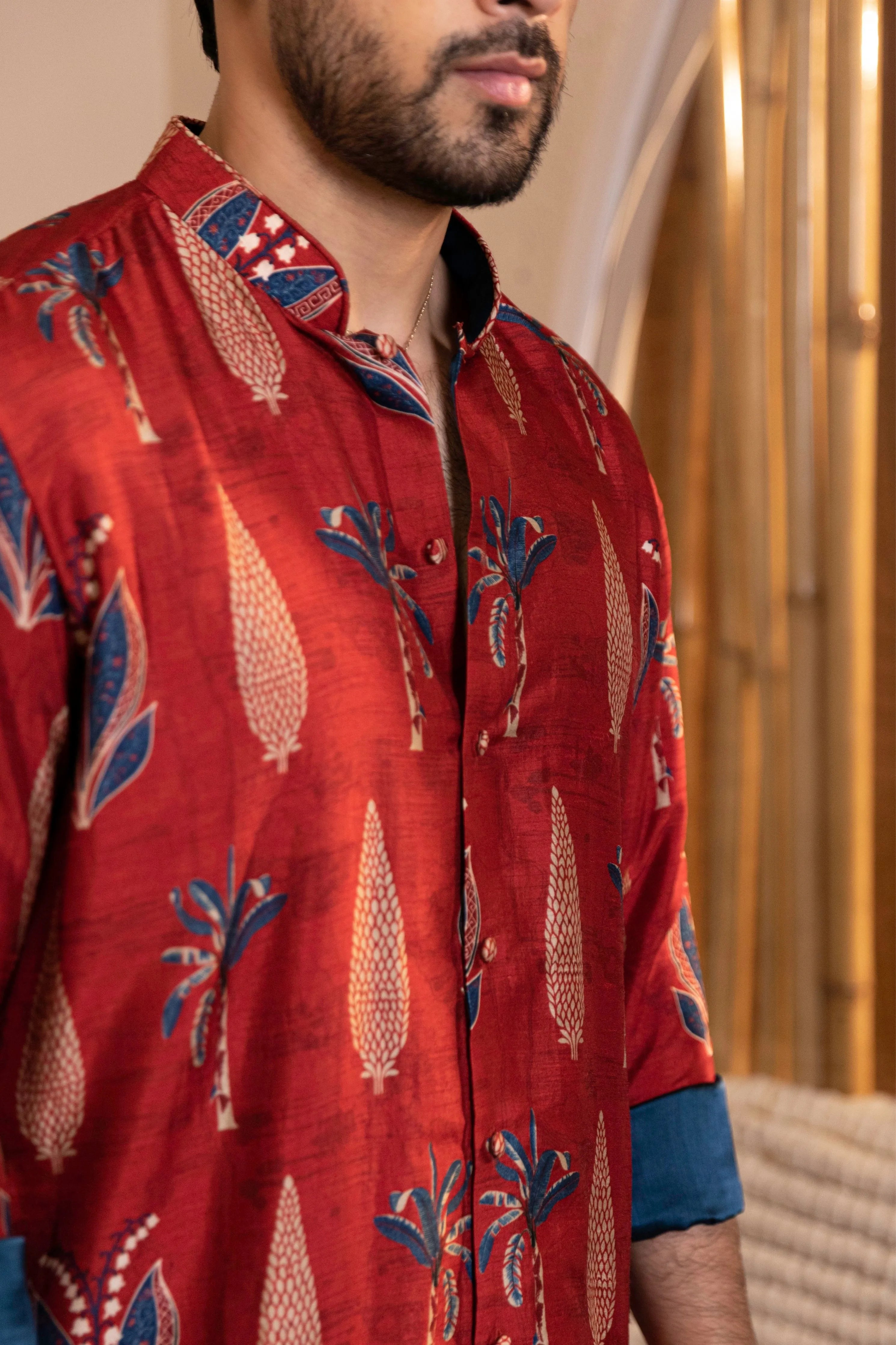 Palm Tree Print Kurta with Rollover Set