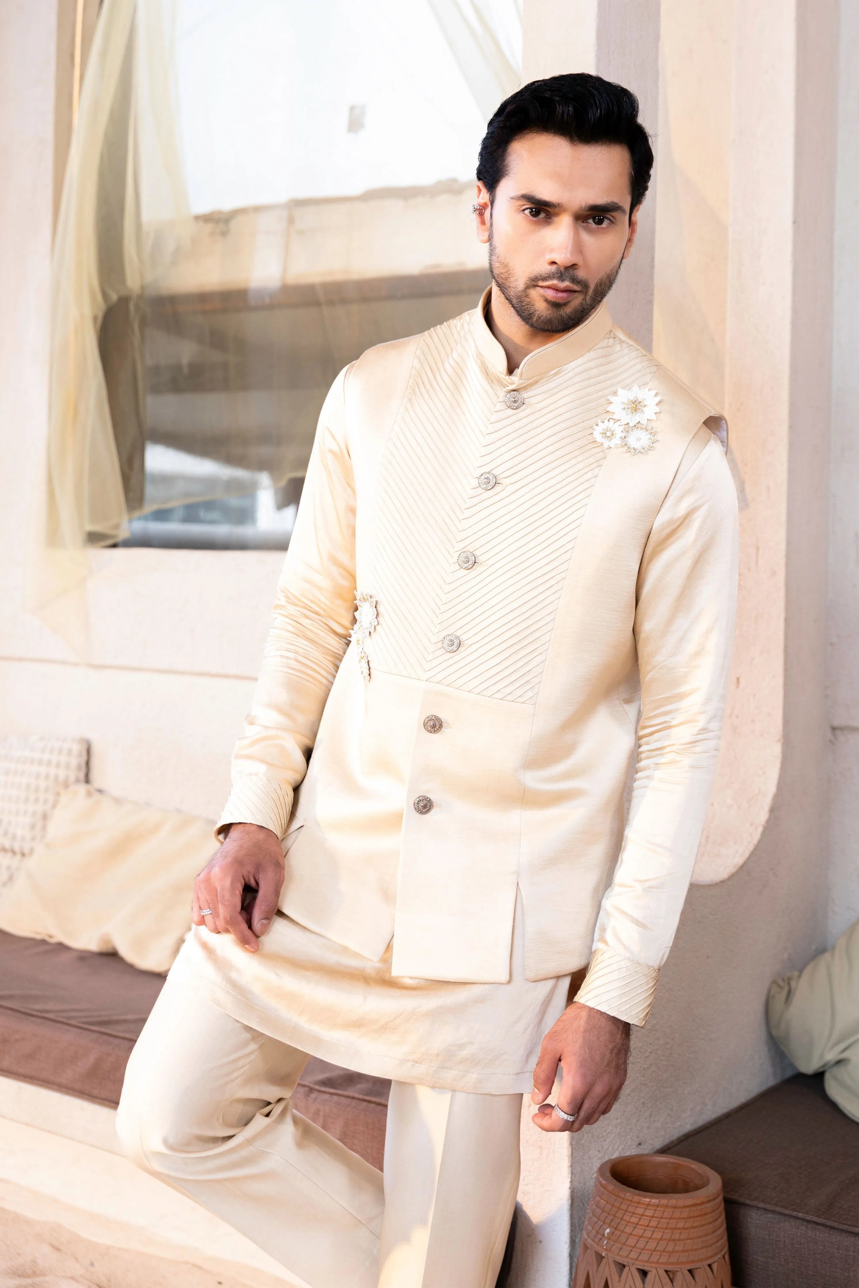 Pin Tucks Flower Kurta Bandi Set