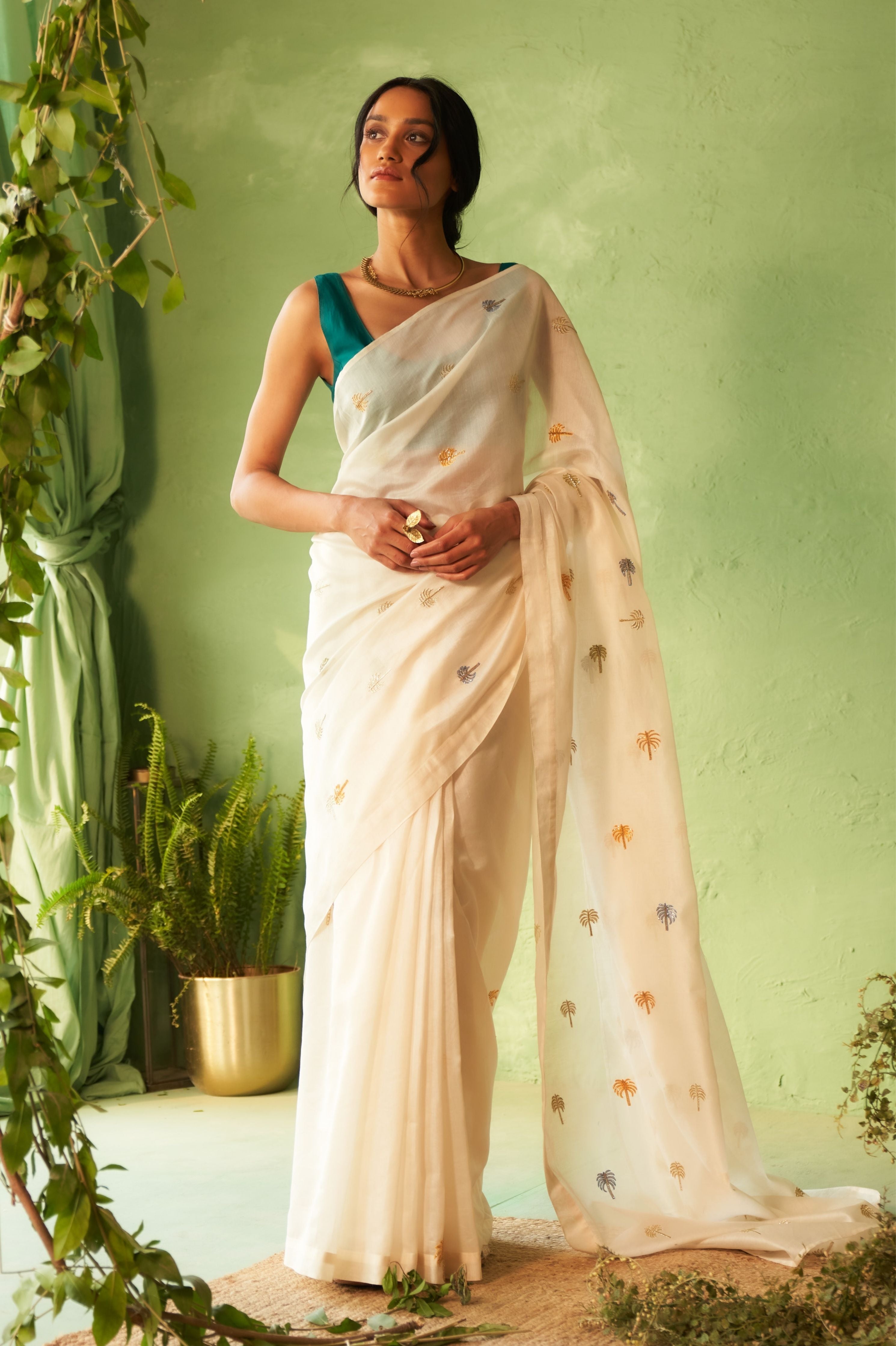 Saree with Peacock Green Blouse