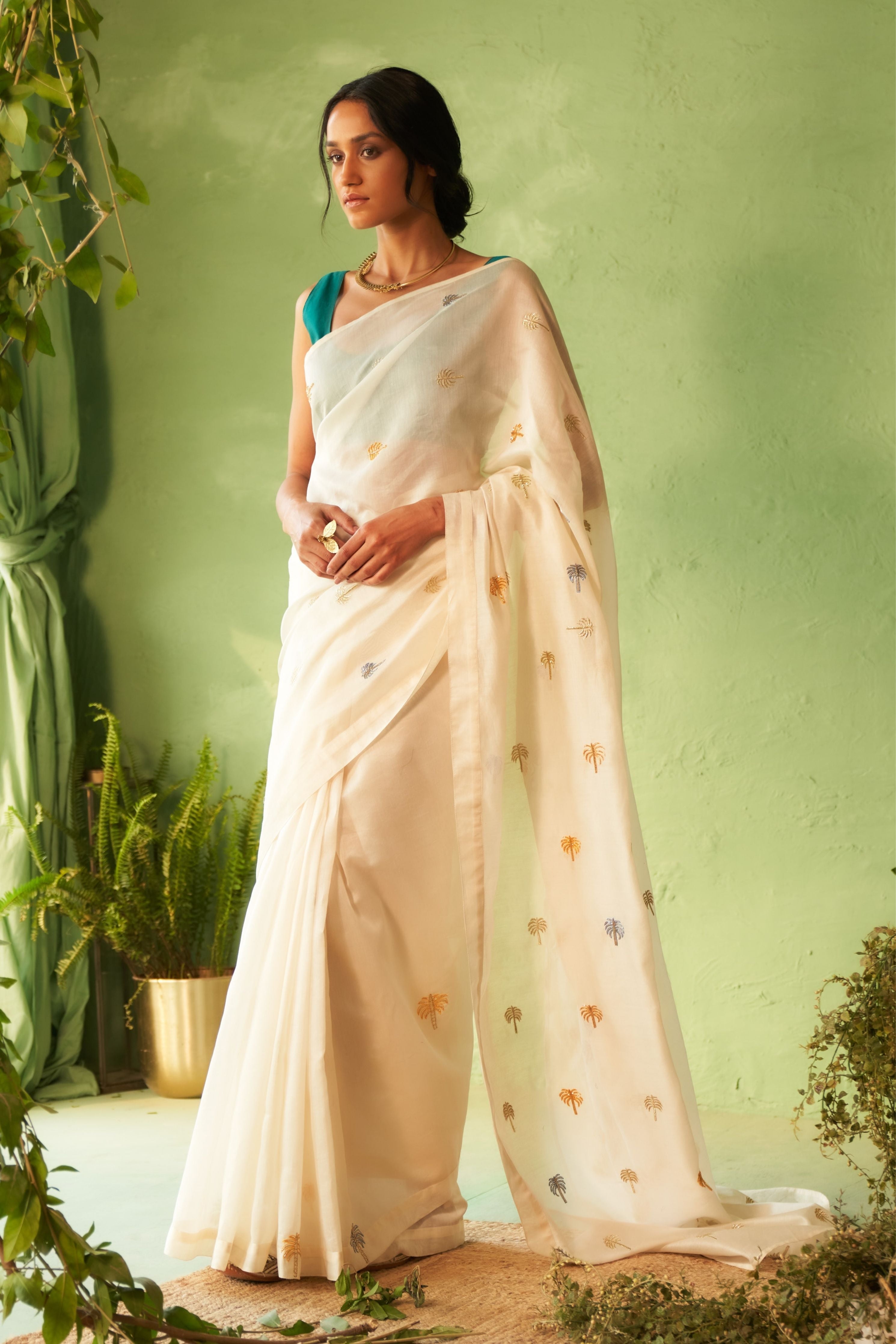 Saree with Peacock Green Blouse