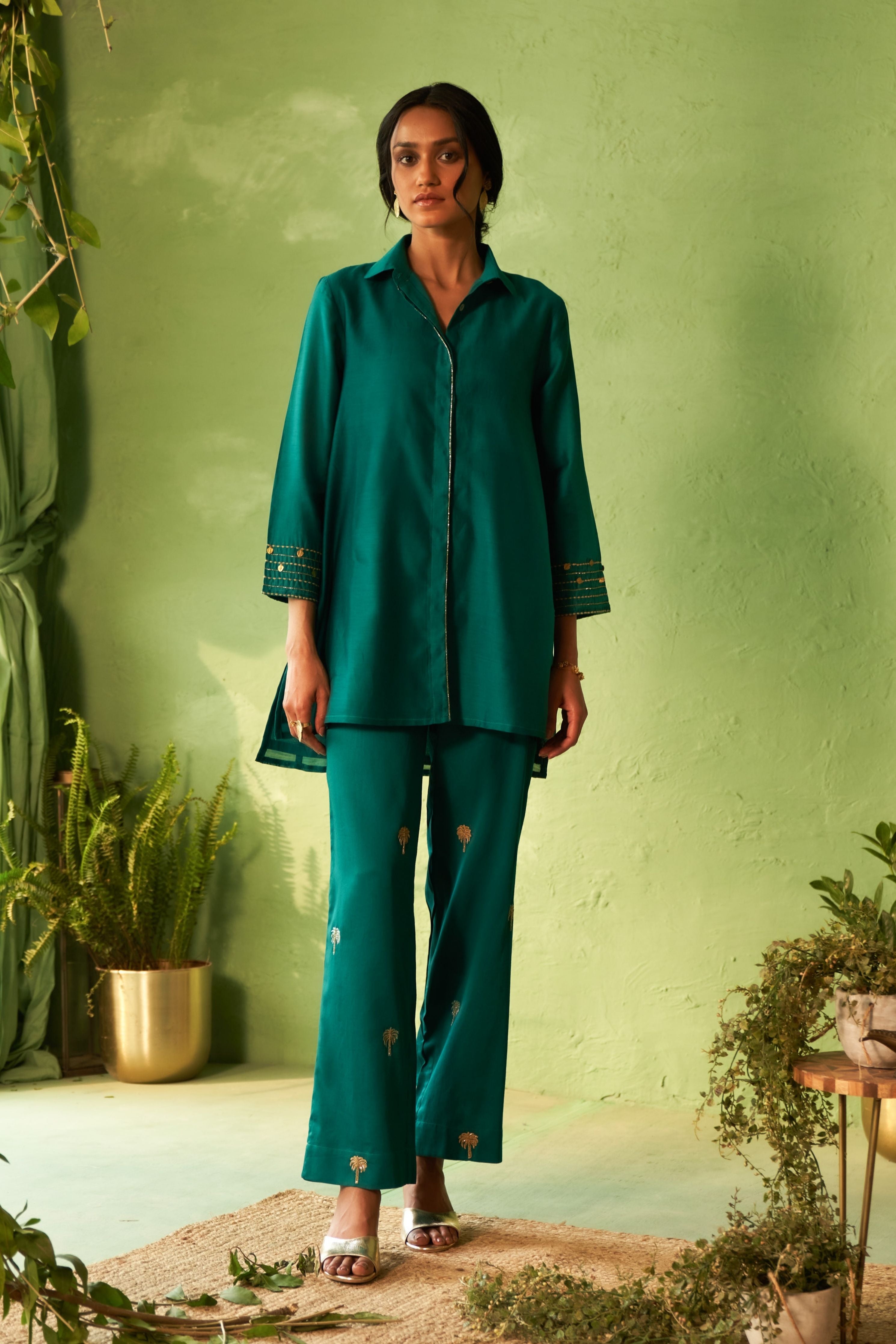 Peacock Green Collared Coord Set