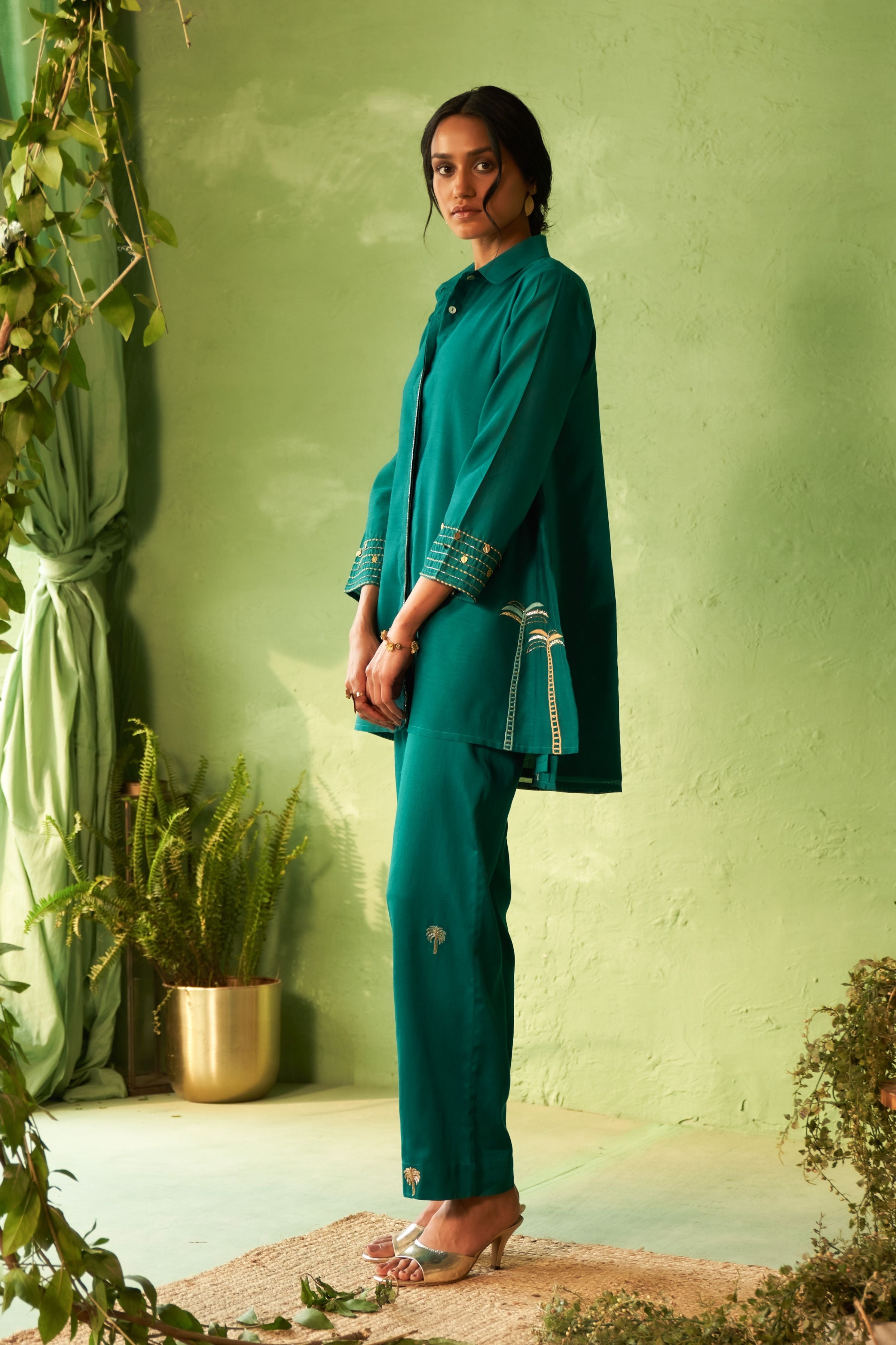 Peacock Green Collared Coord Set