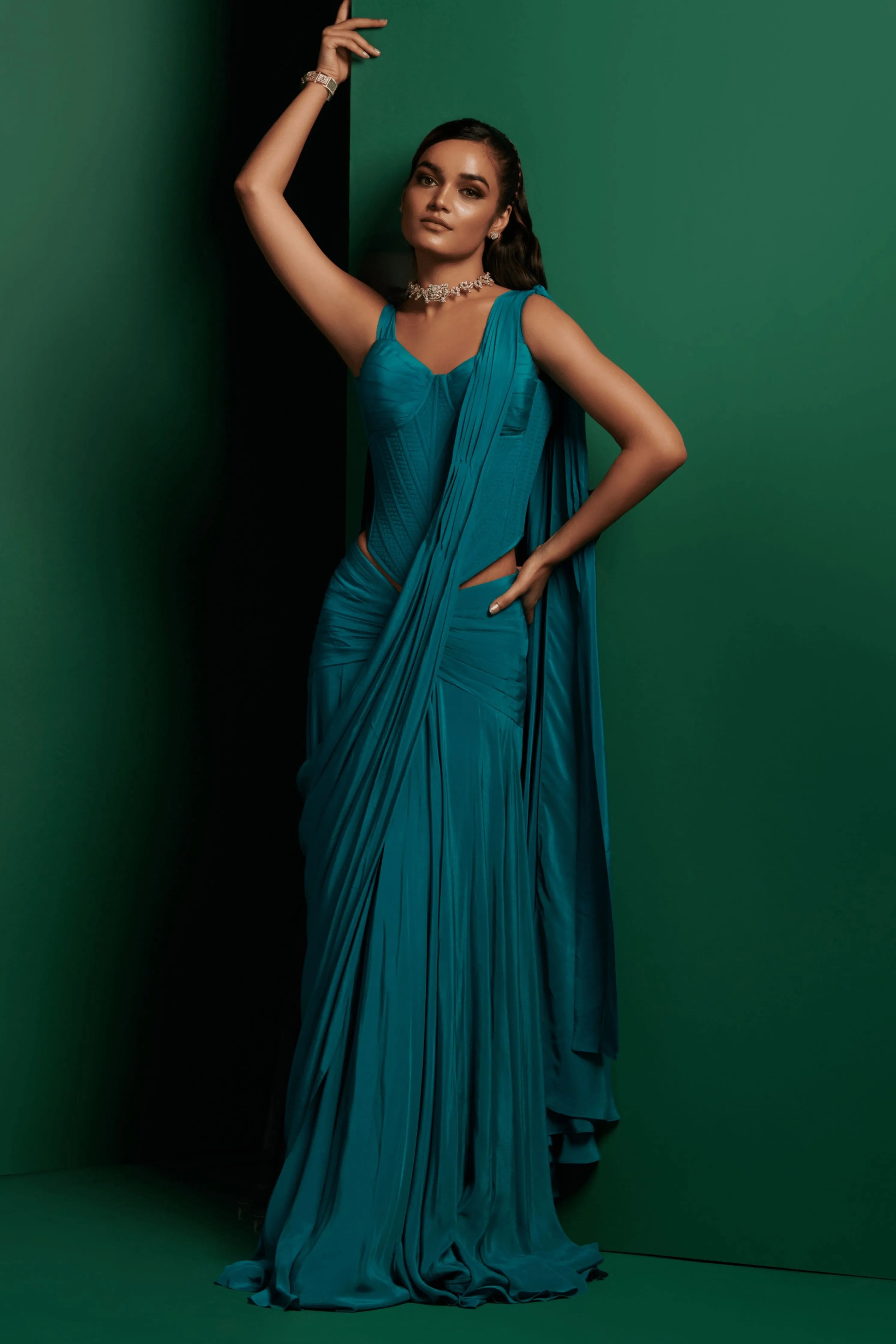 Teal Green Draped Saree Set