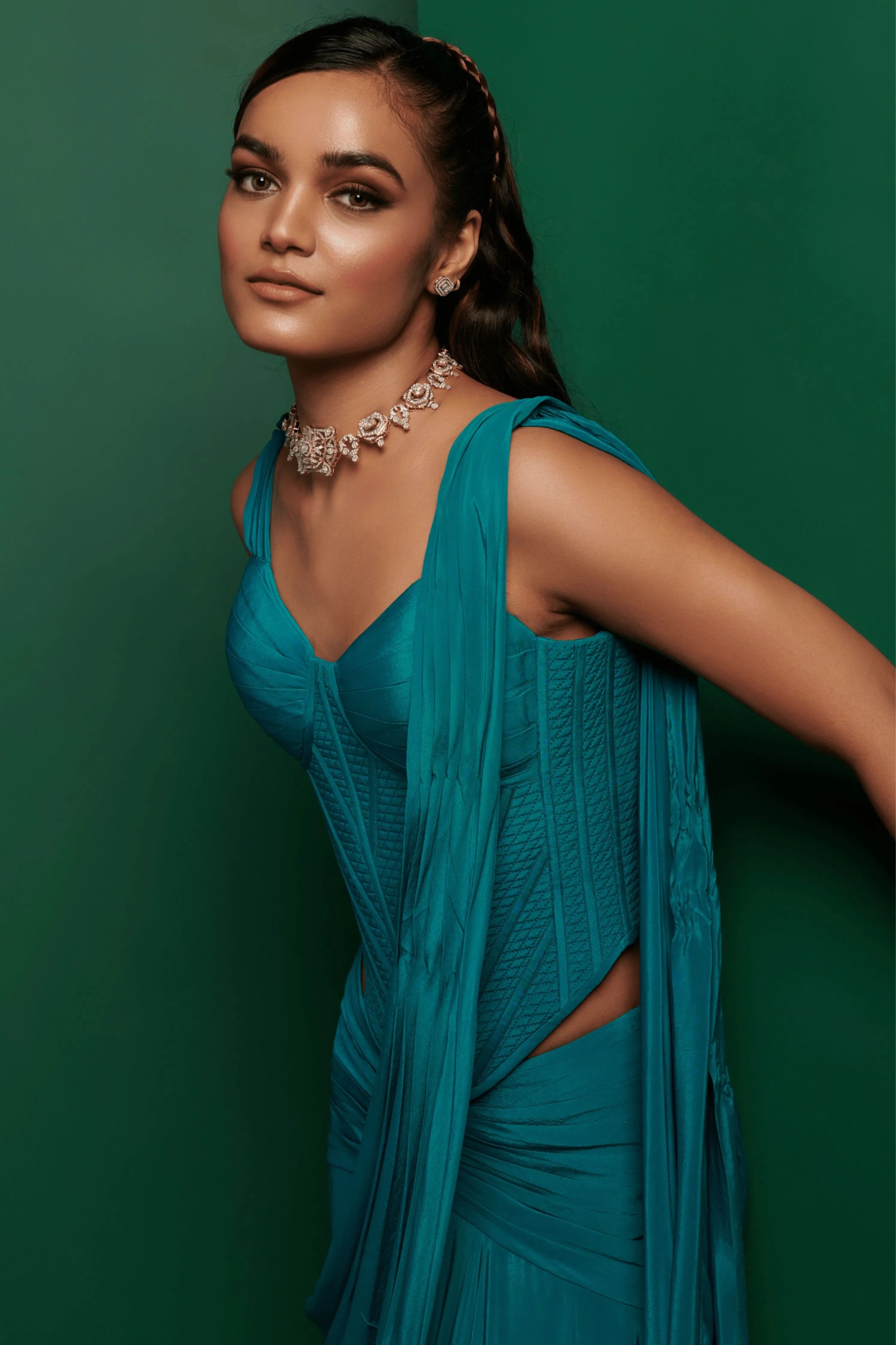Teal Green Draped Saree Set