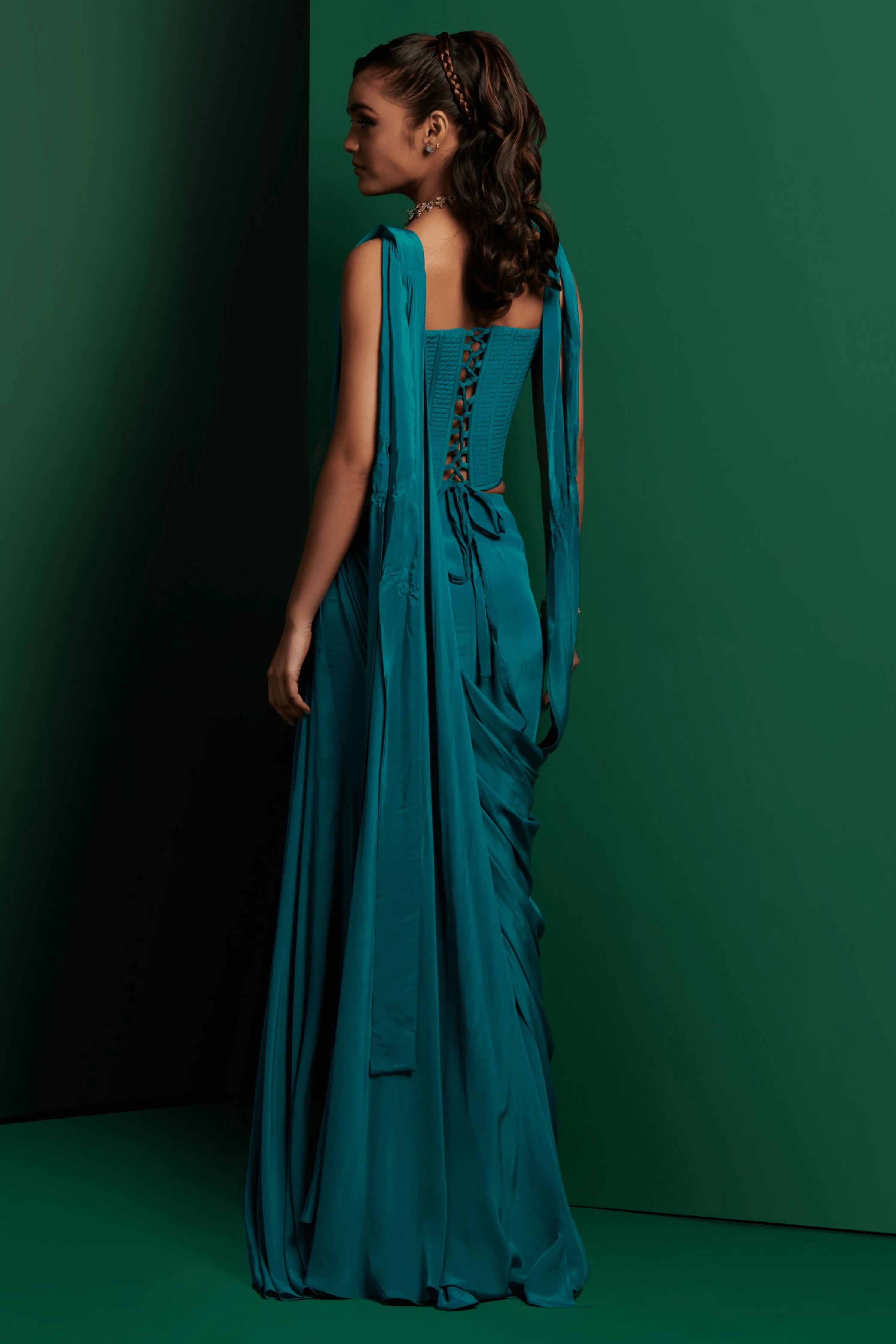 Teal Green Draped Saree Set