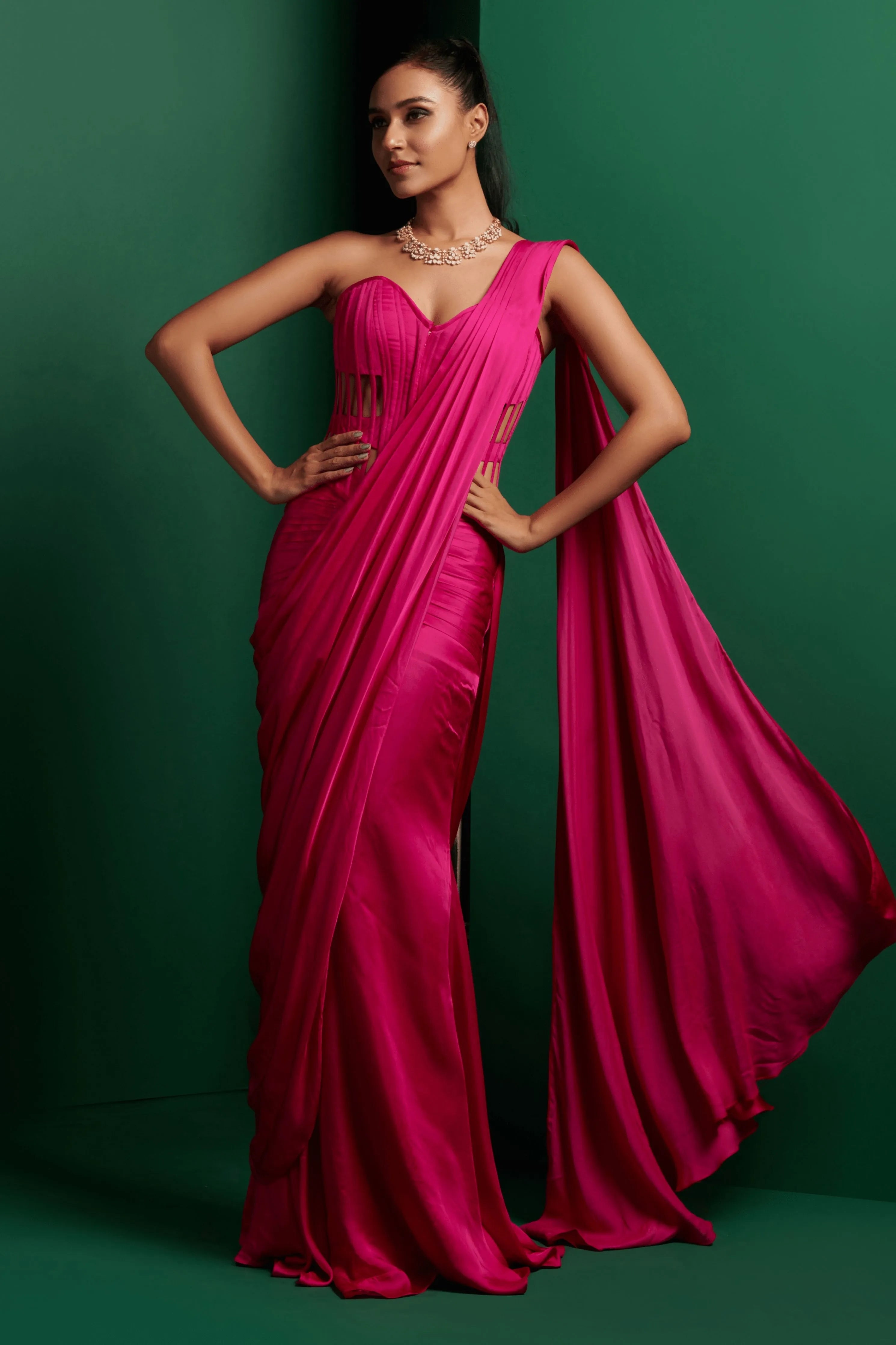 Hot Pink Draped Saree Set