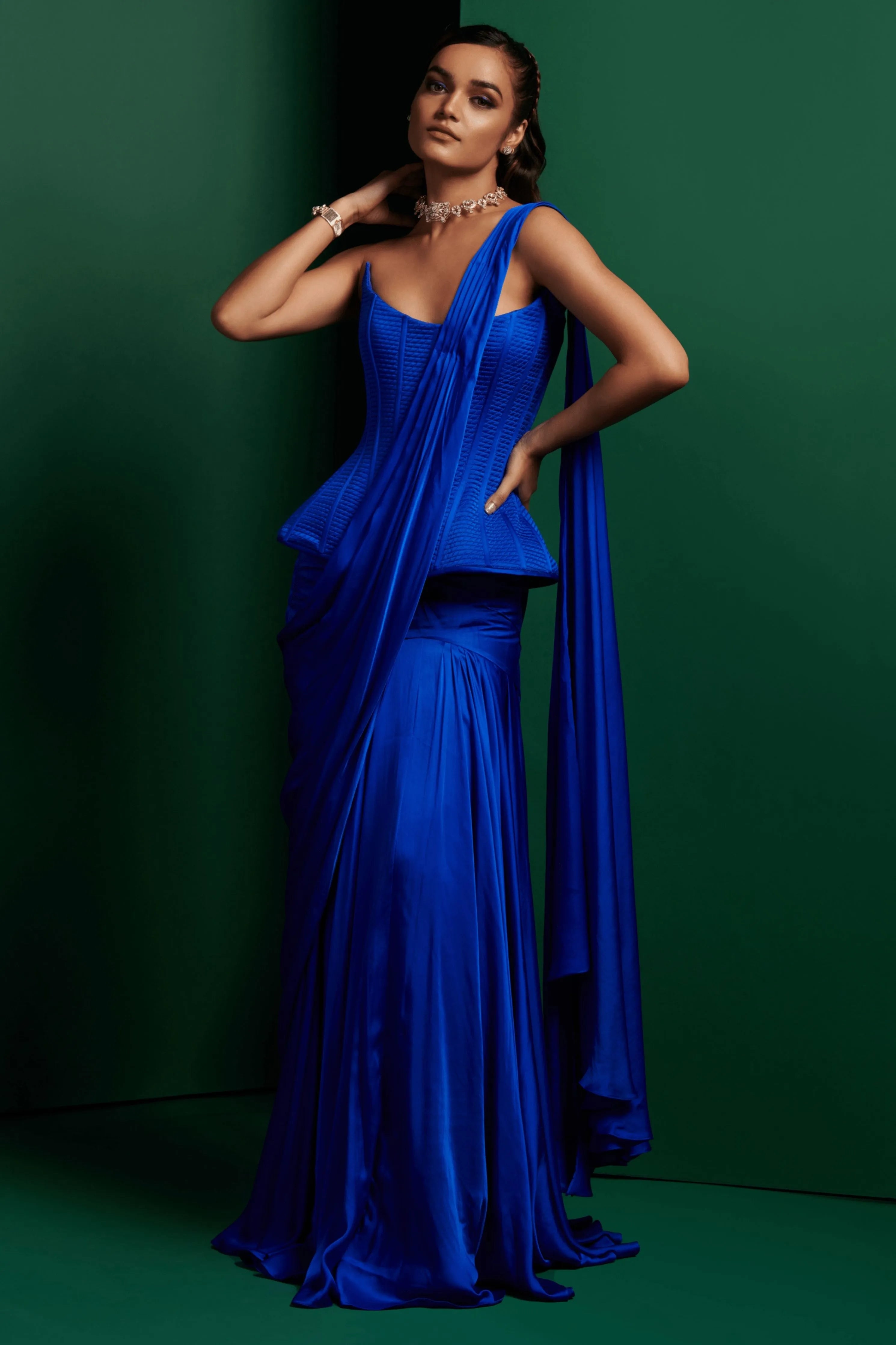 Electric Blue Draped Saree Set