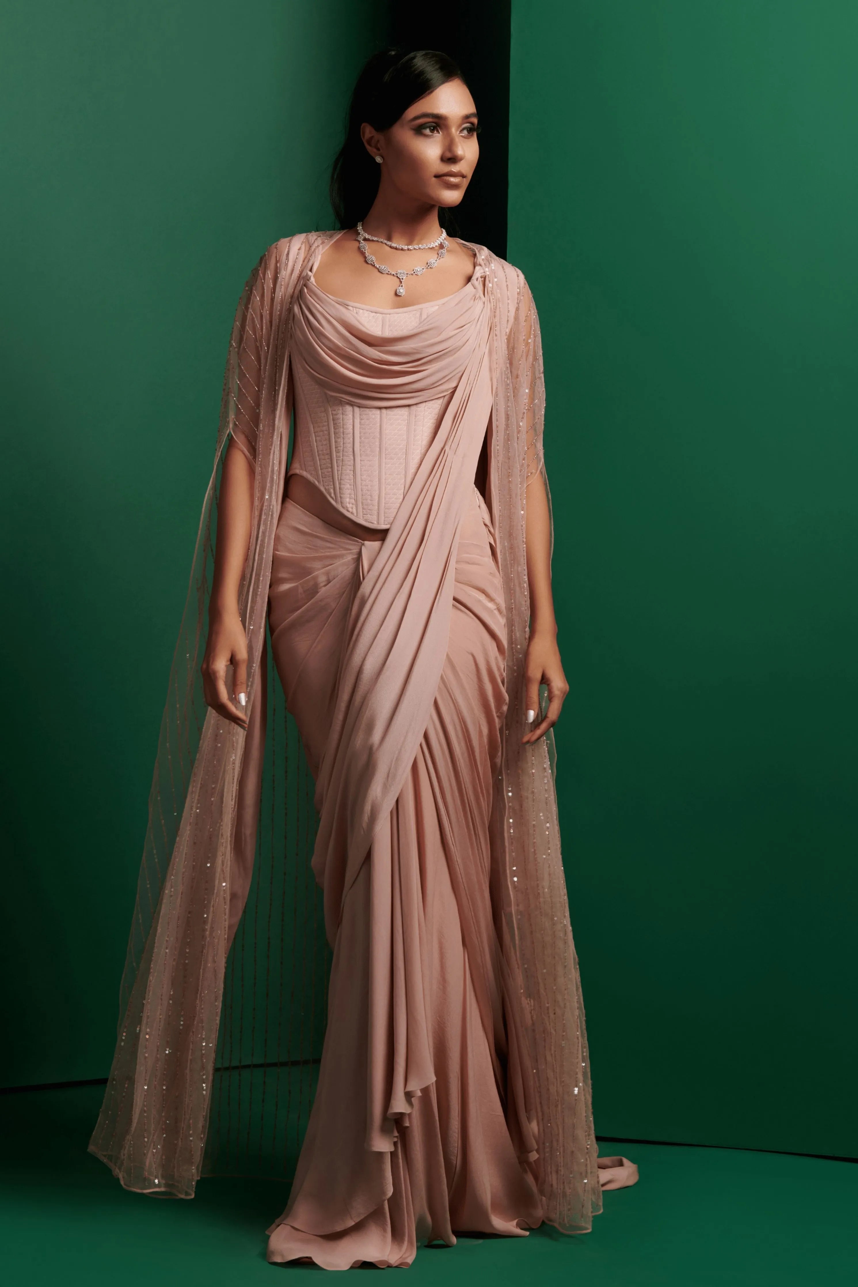 Pastel Pink Drape Saree Set