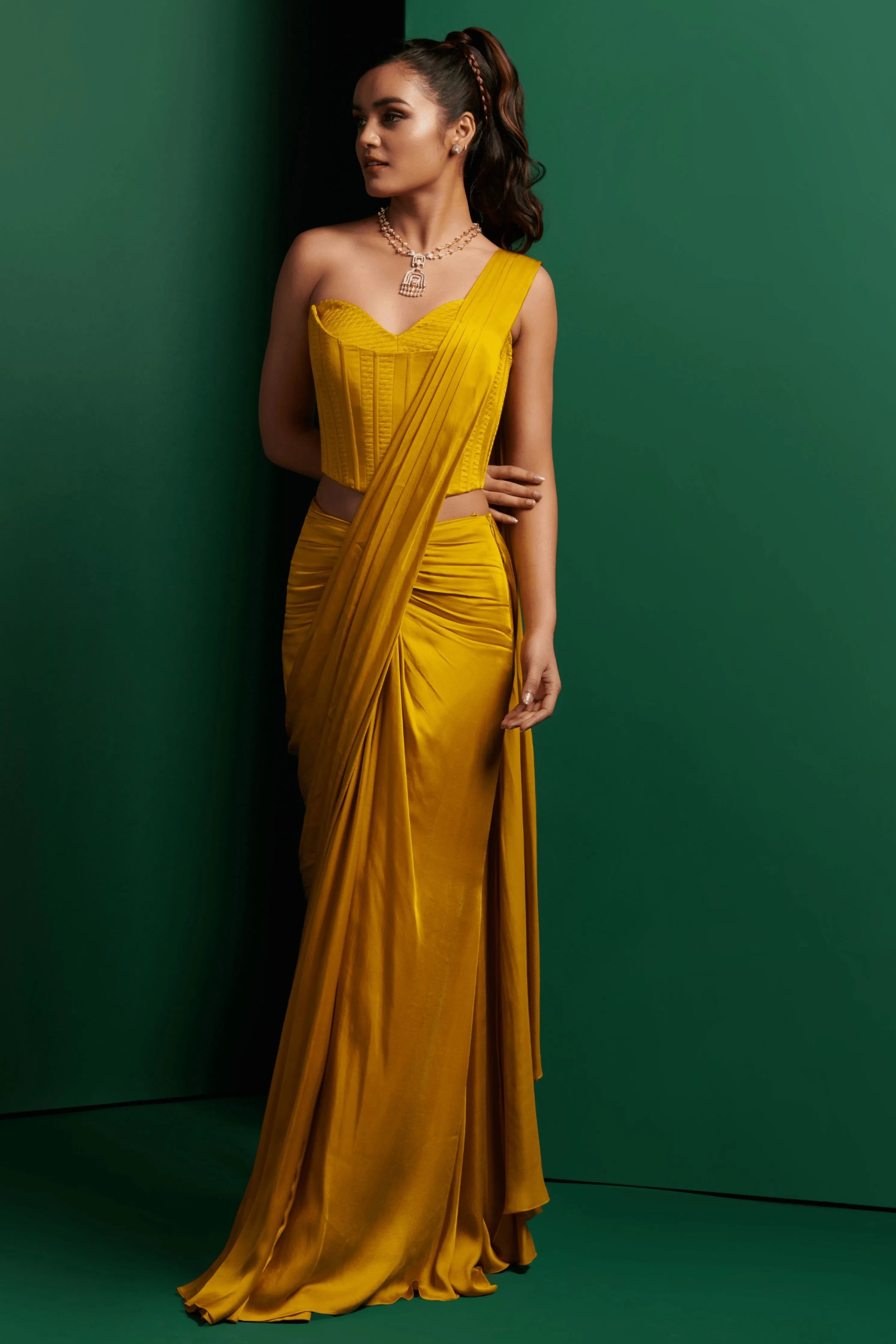 Golden Yellow Draped Saree Set