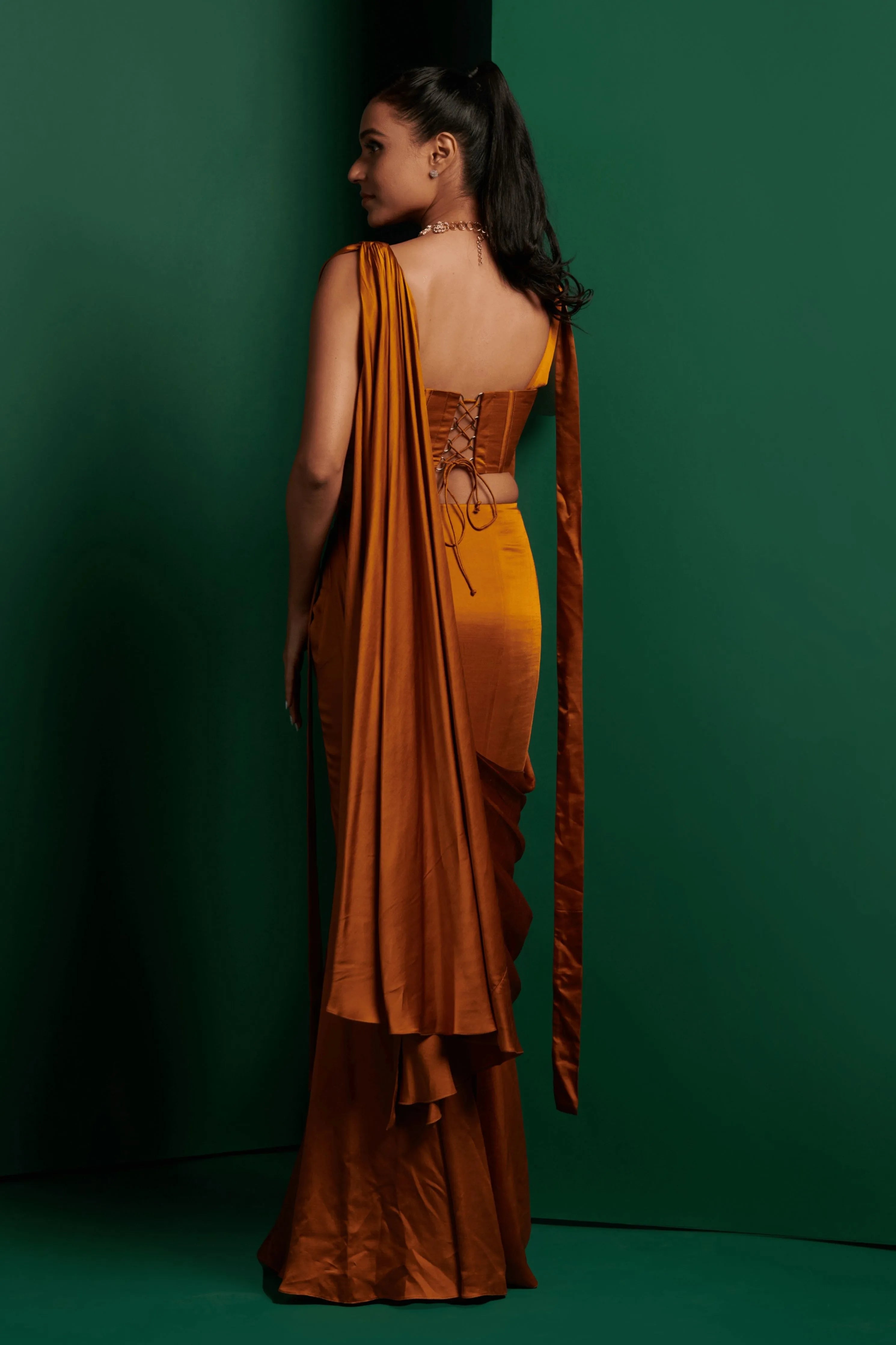Mustard Yellow Draped Saree Set