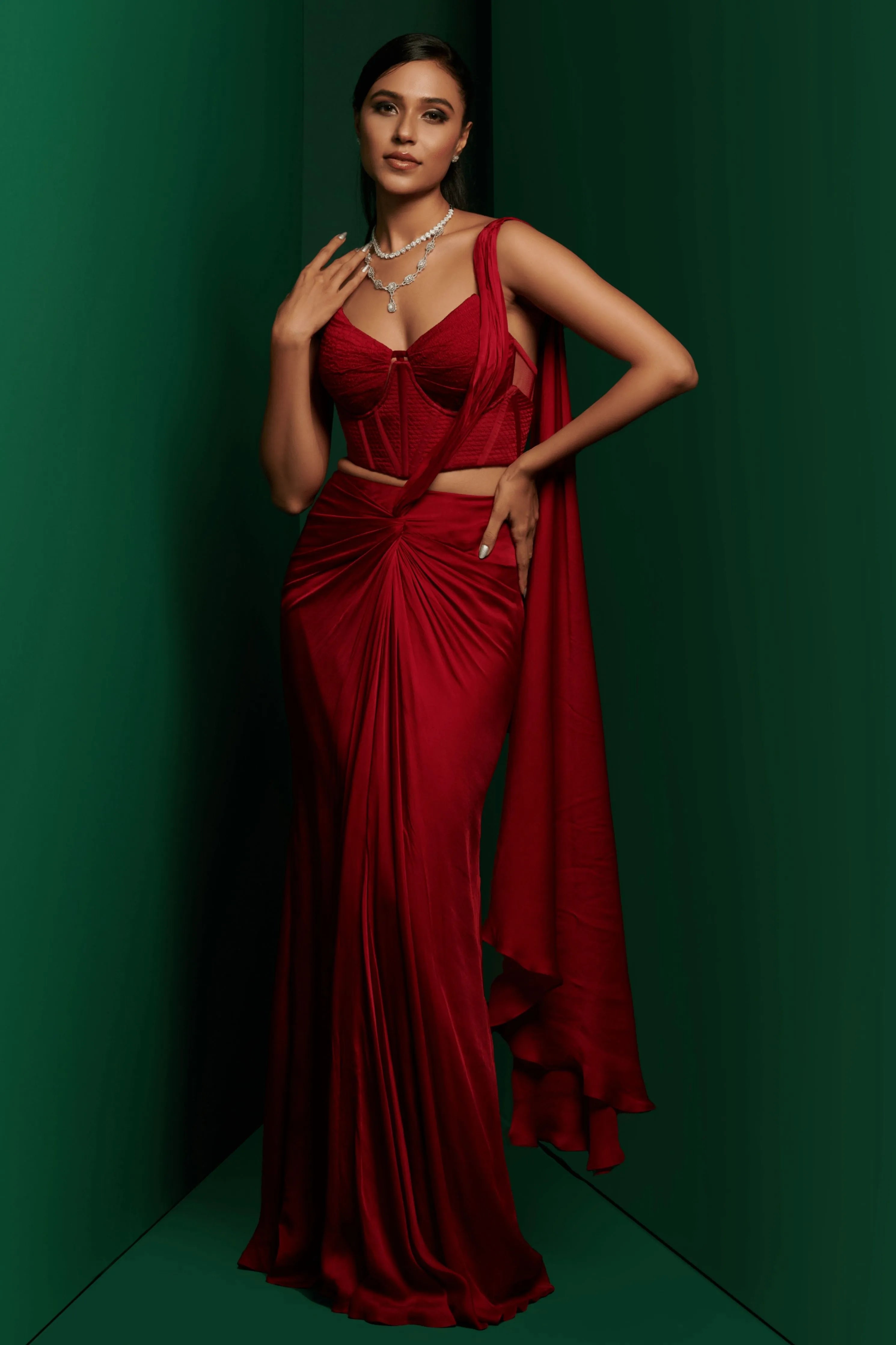 Red Draped Skirt Set