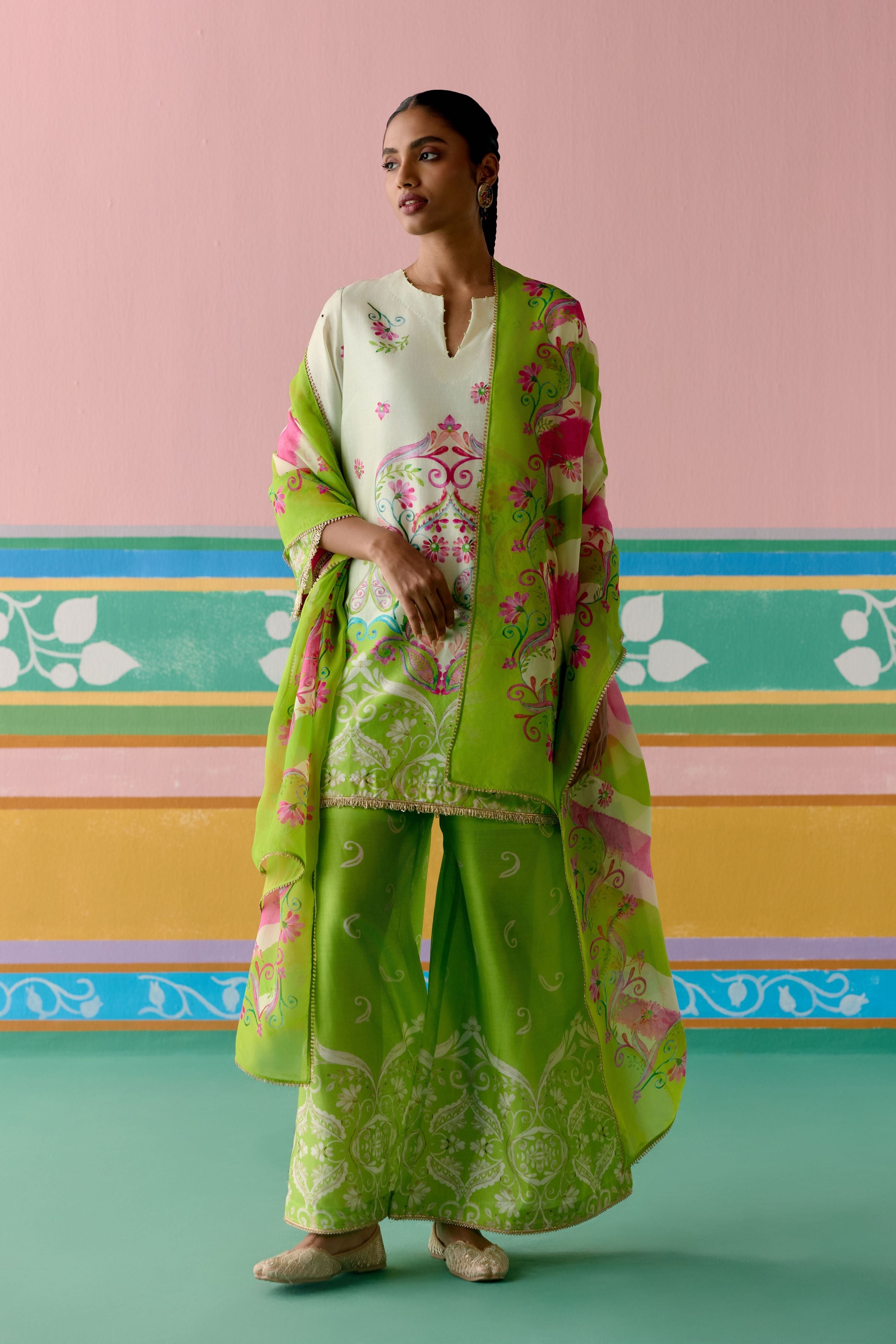Lime Green Paisley Kurta with Dupatta