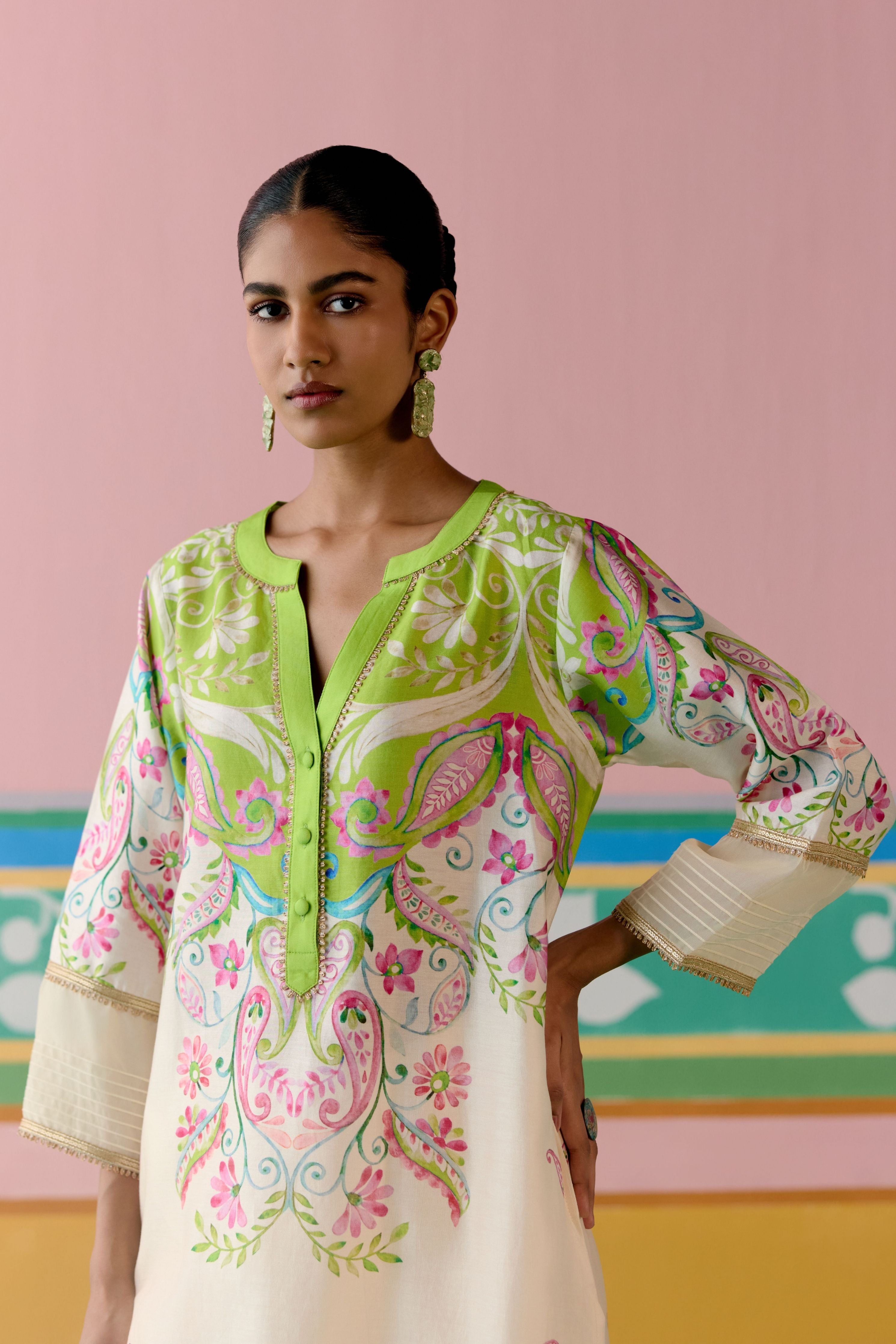 Lime Green Paisley V-neck Kurta Set
