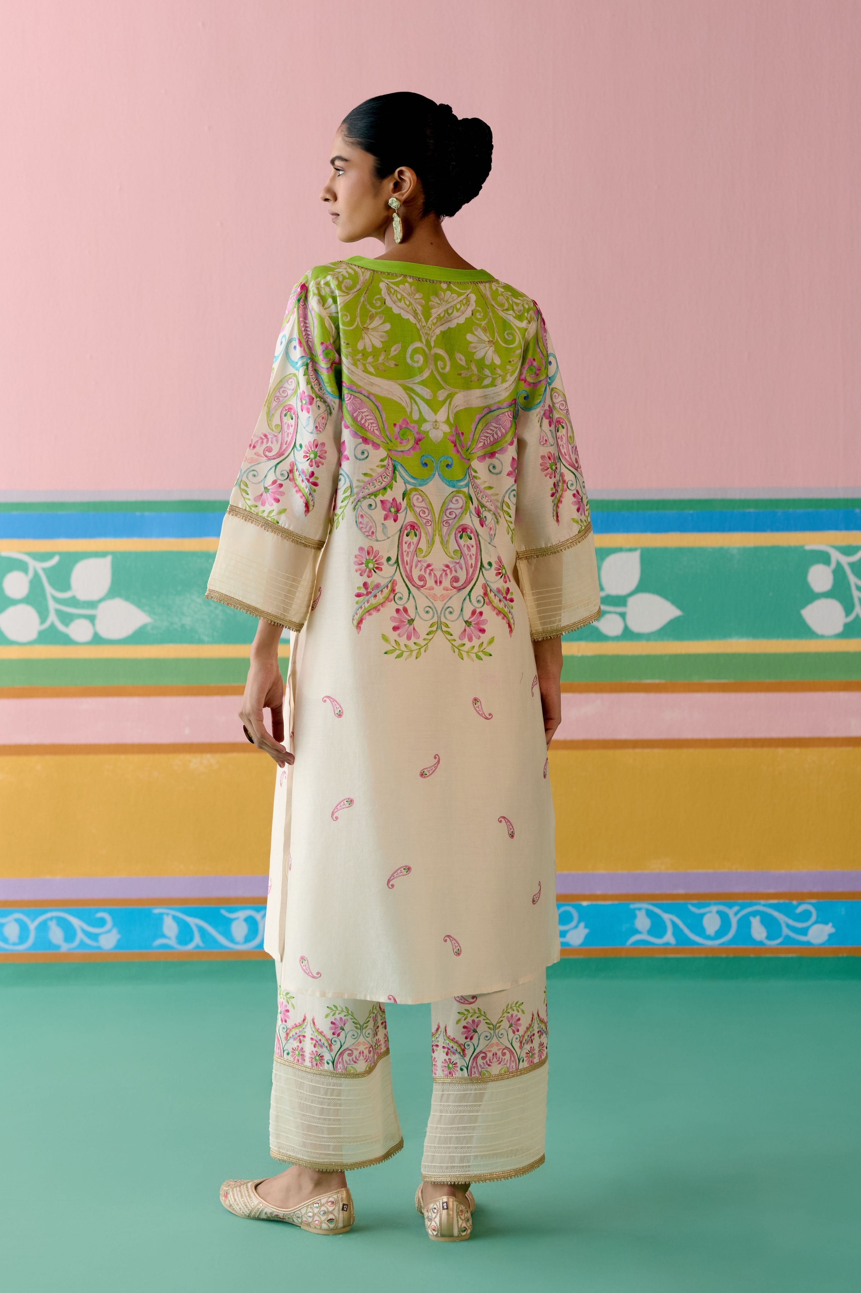 Lime Green Paisley V-neck Kurta Set