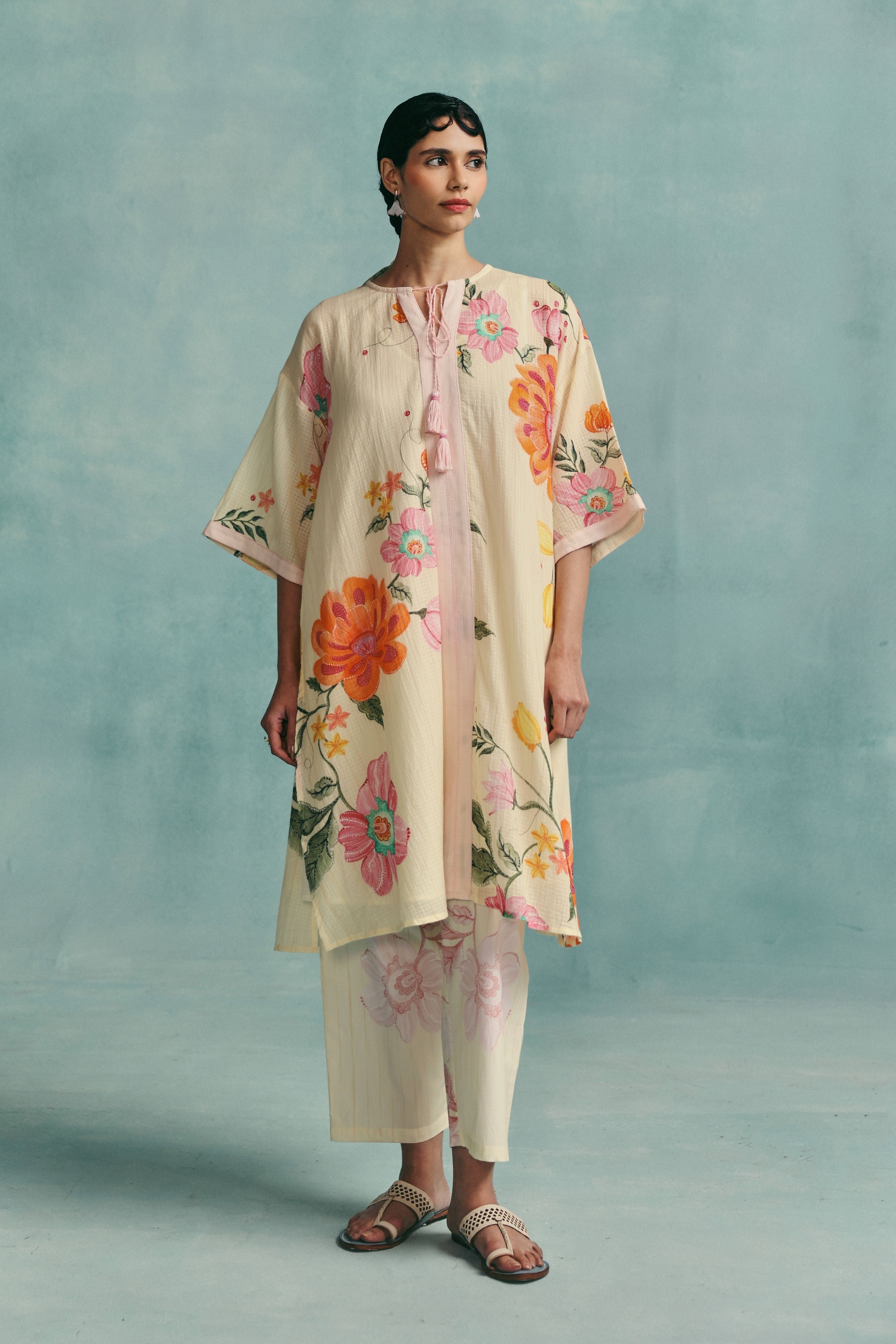 Dahlia Round Neck Kaftan Set  Ecru