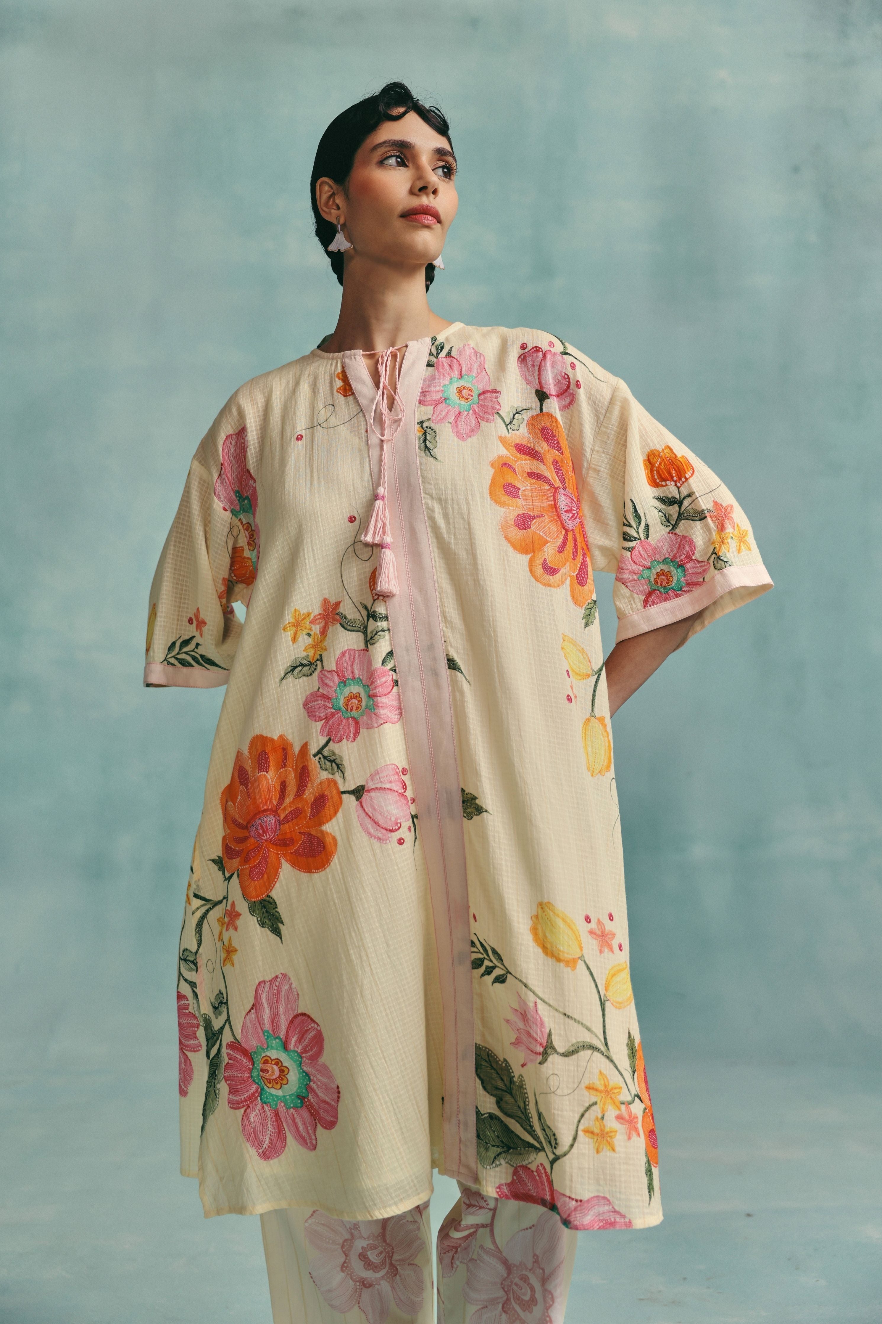 Dahlia Round Neck Kaftan Set  Ecru