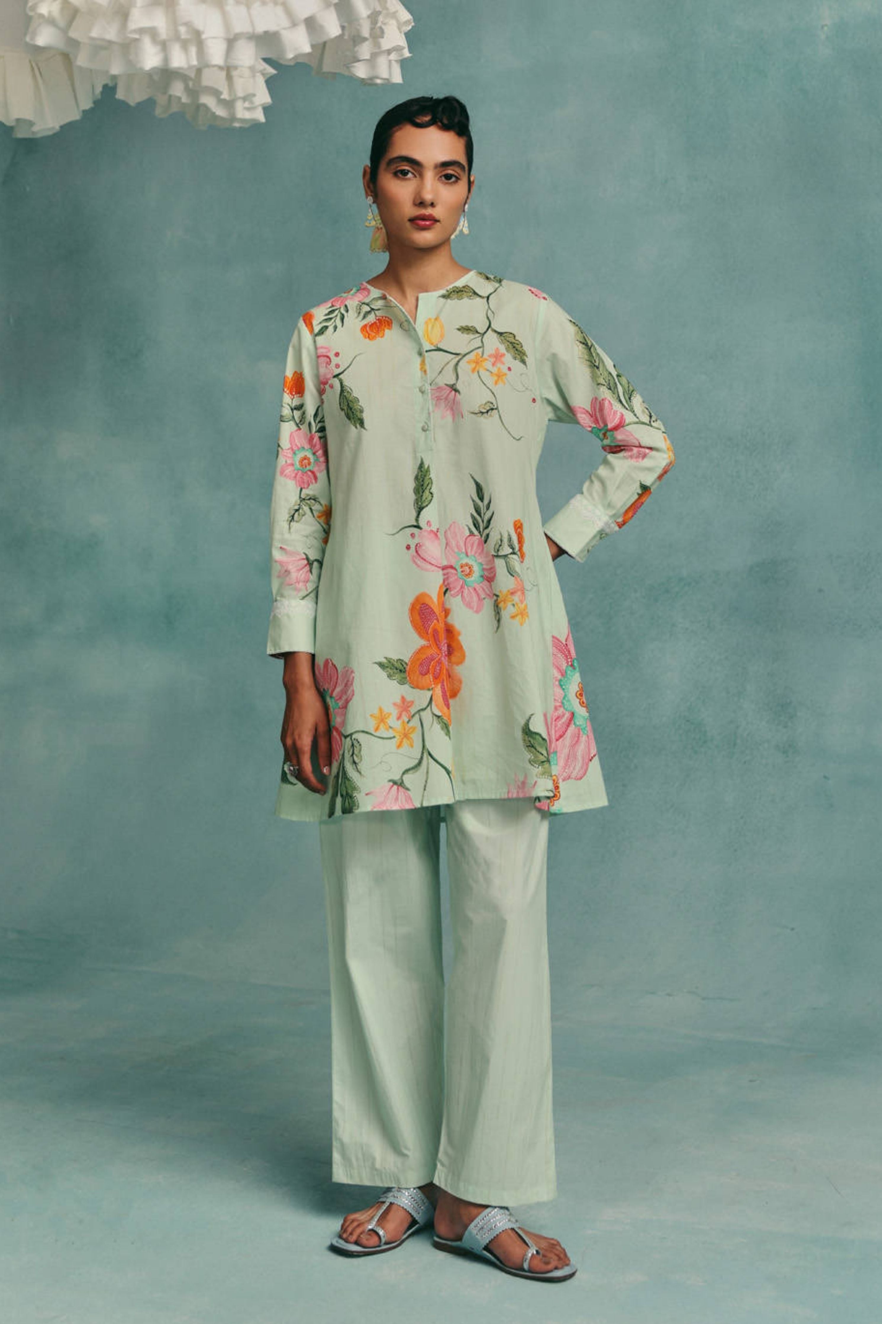 Dahlia Shirt Kurta Set  Mint