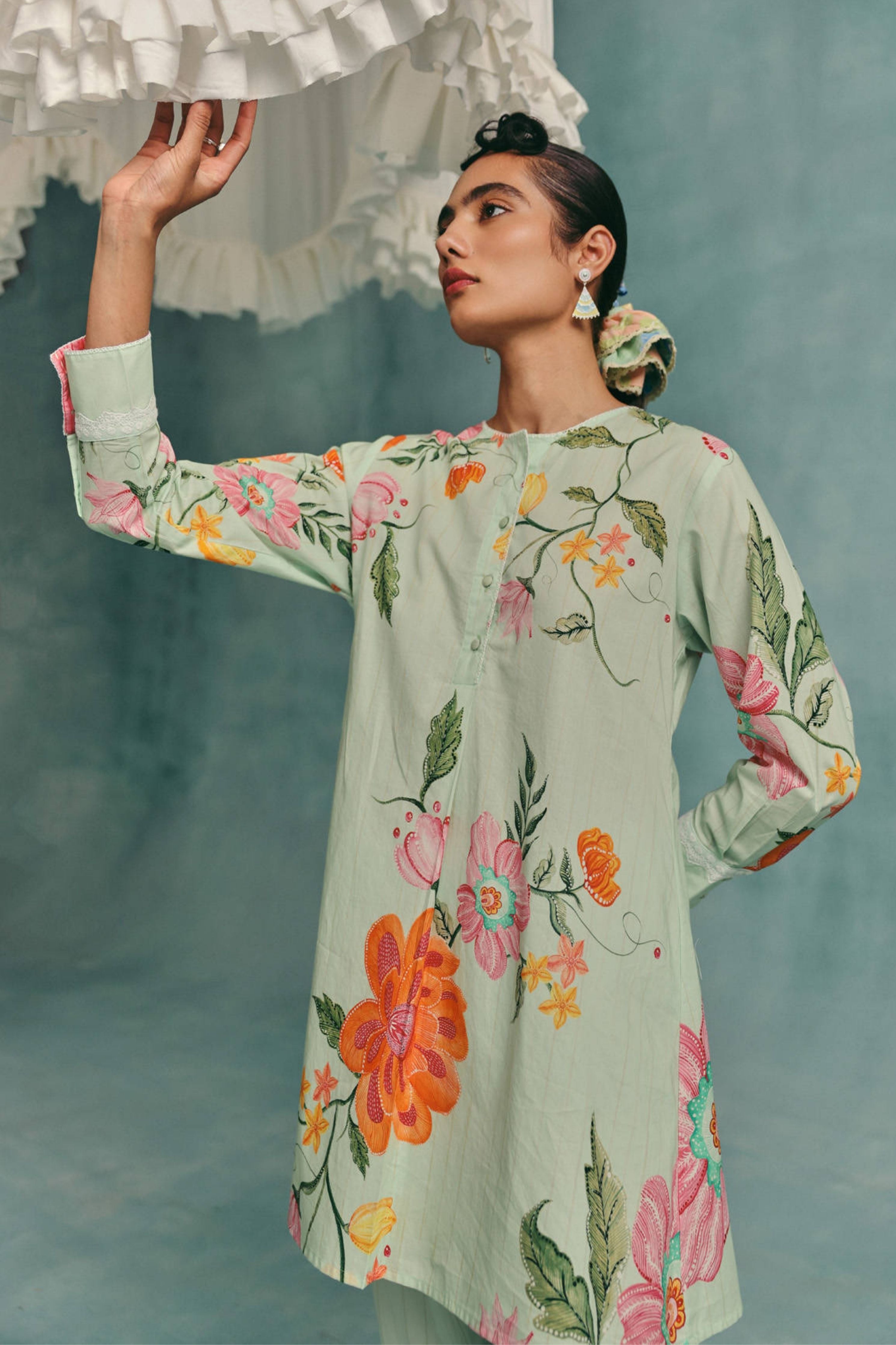Dahlia Shirt Kurta Set  Mint