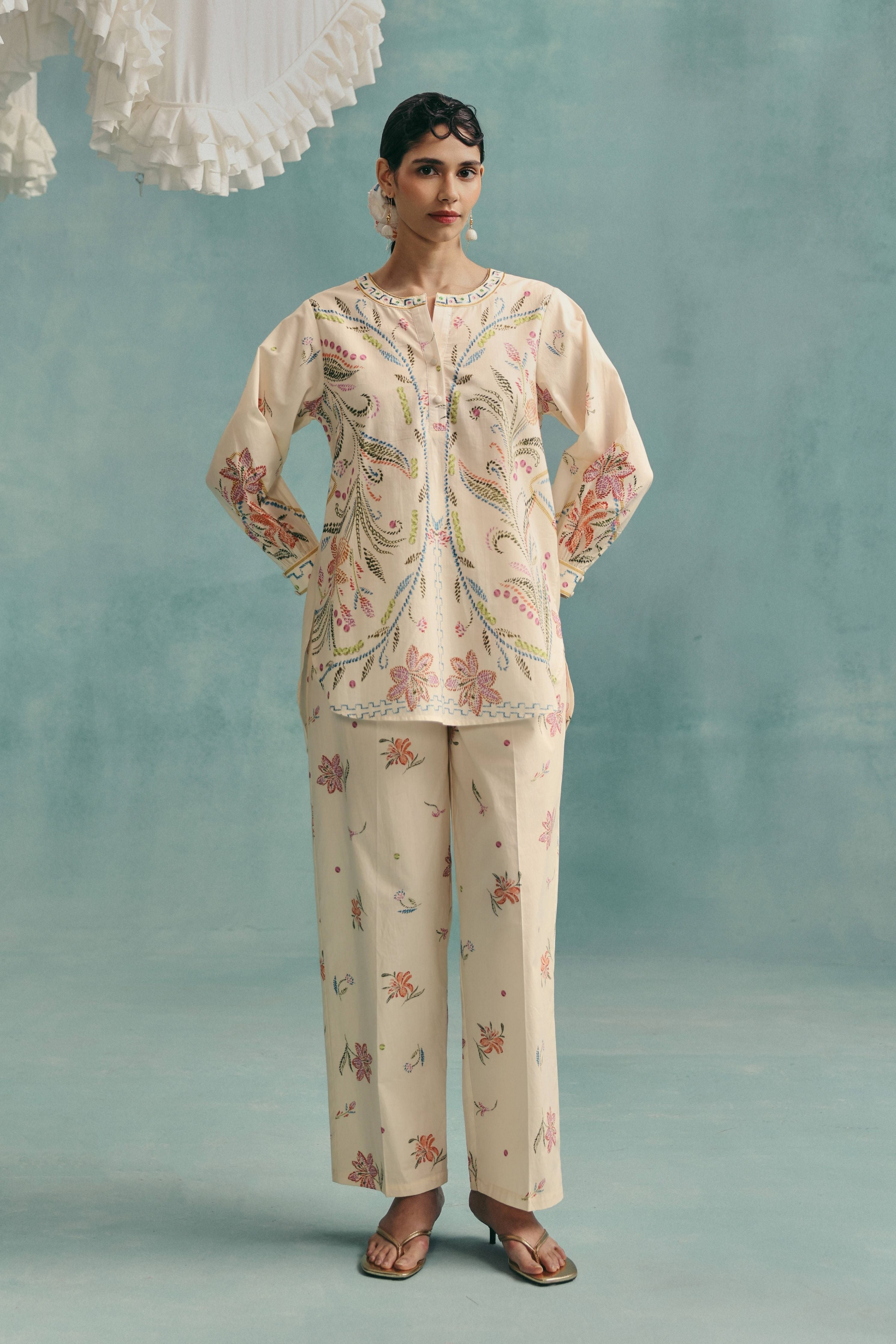 Hibiscus Round Neck Co-Ord Set  Ecru
