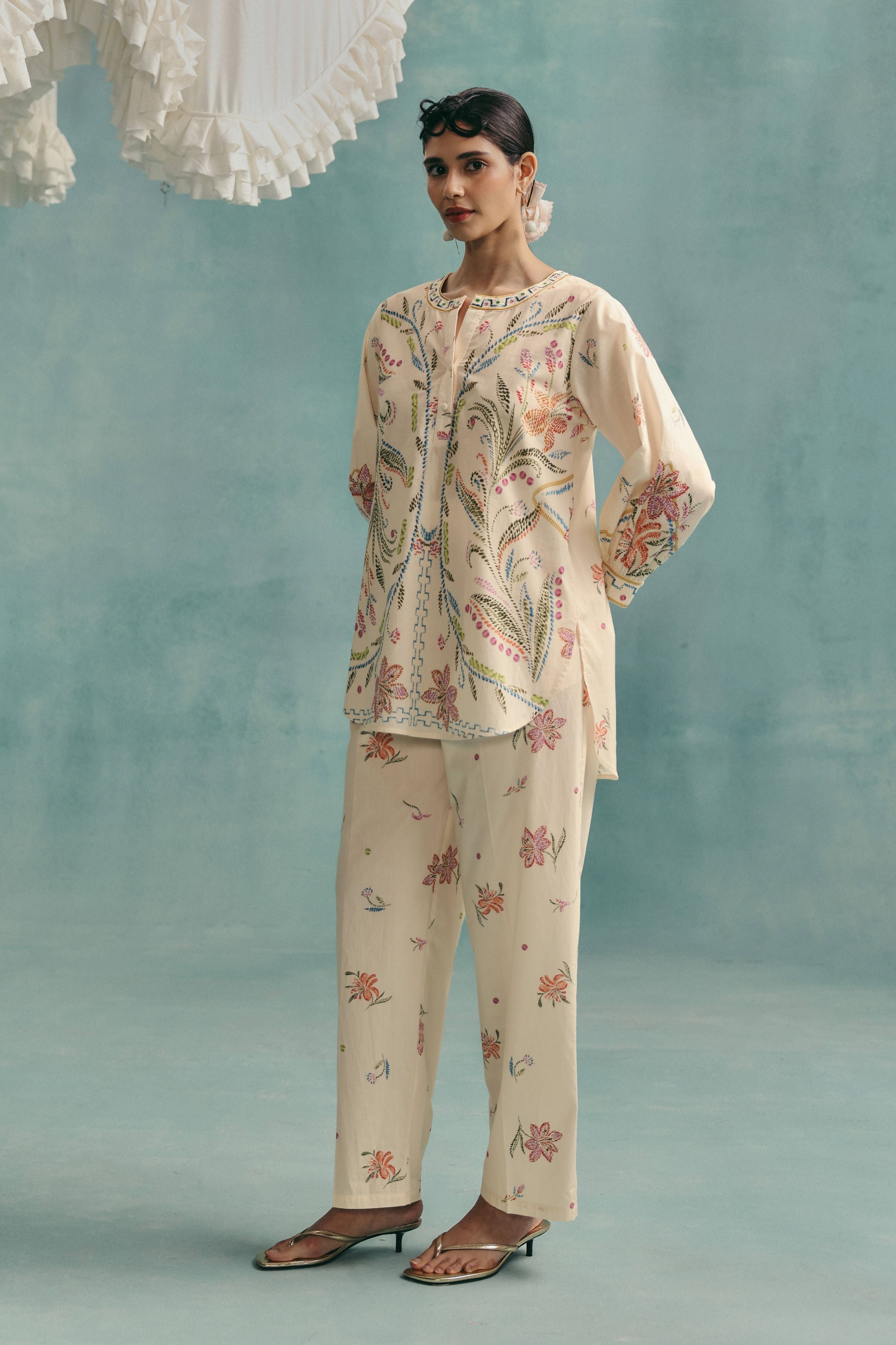 Hibiscus Round Neck Co-Ord Set  Ecru