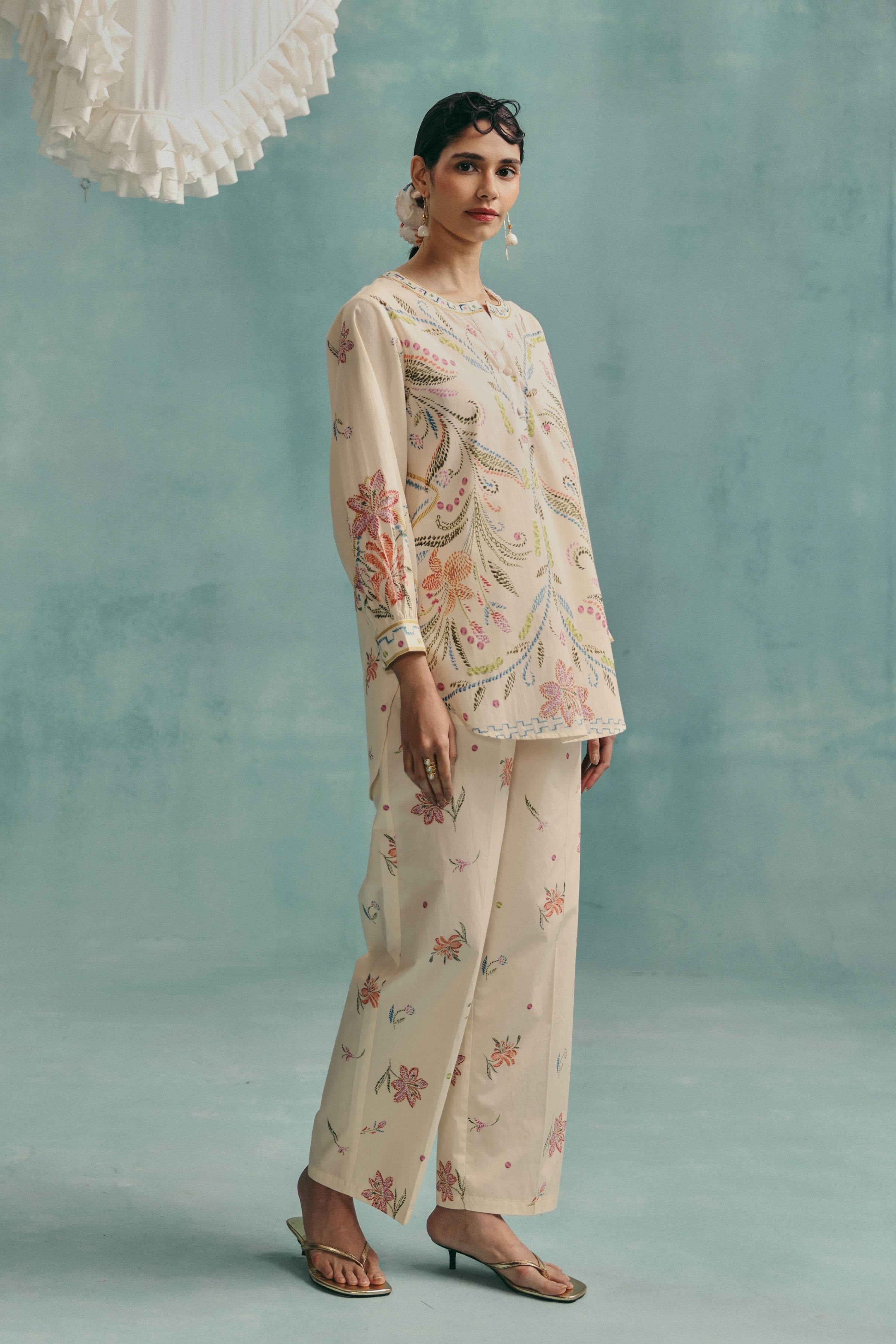 Hibiscus Round Neck Co-Ord Set  Ecru