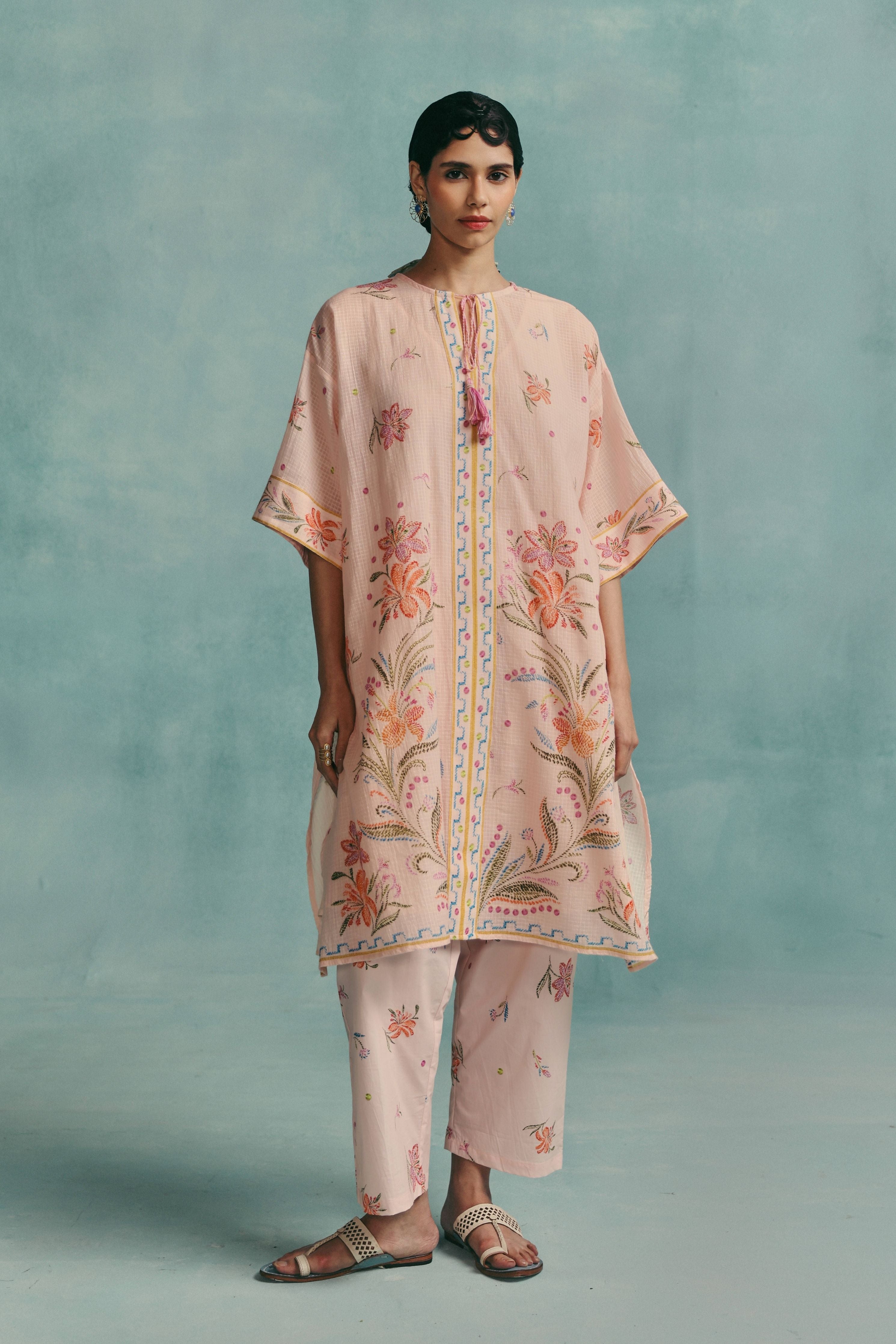 Hibiscus Round Neck Kaftan Set  Pink