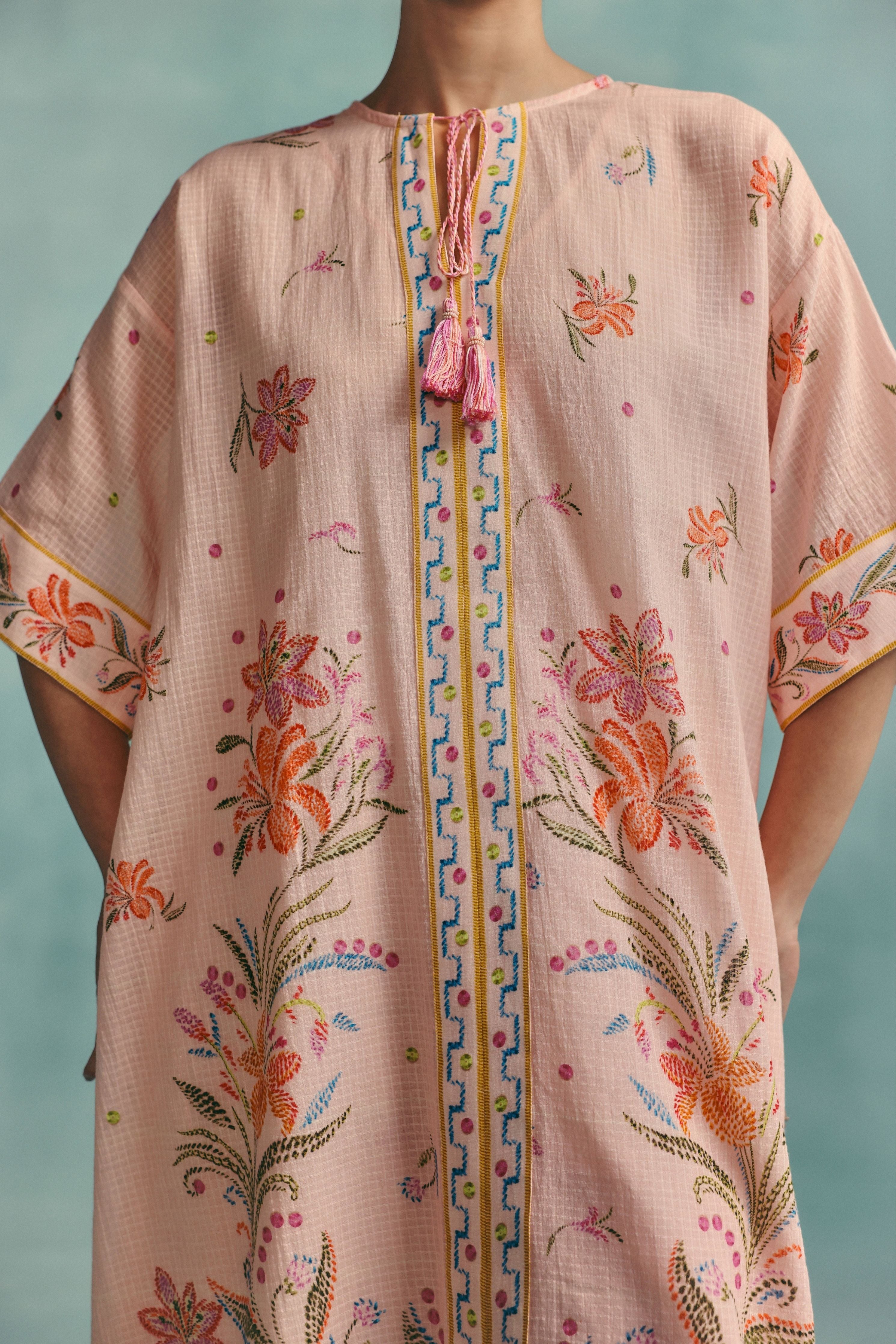 Hibiscus Round Neck Kaftan Set  Pink