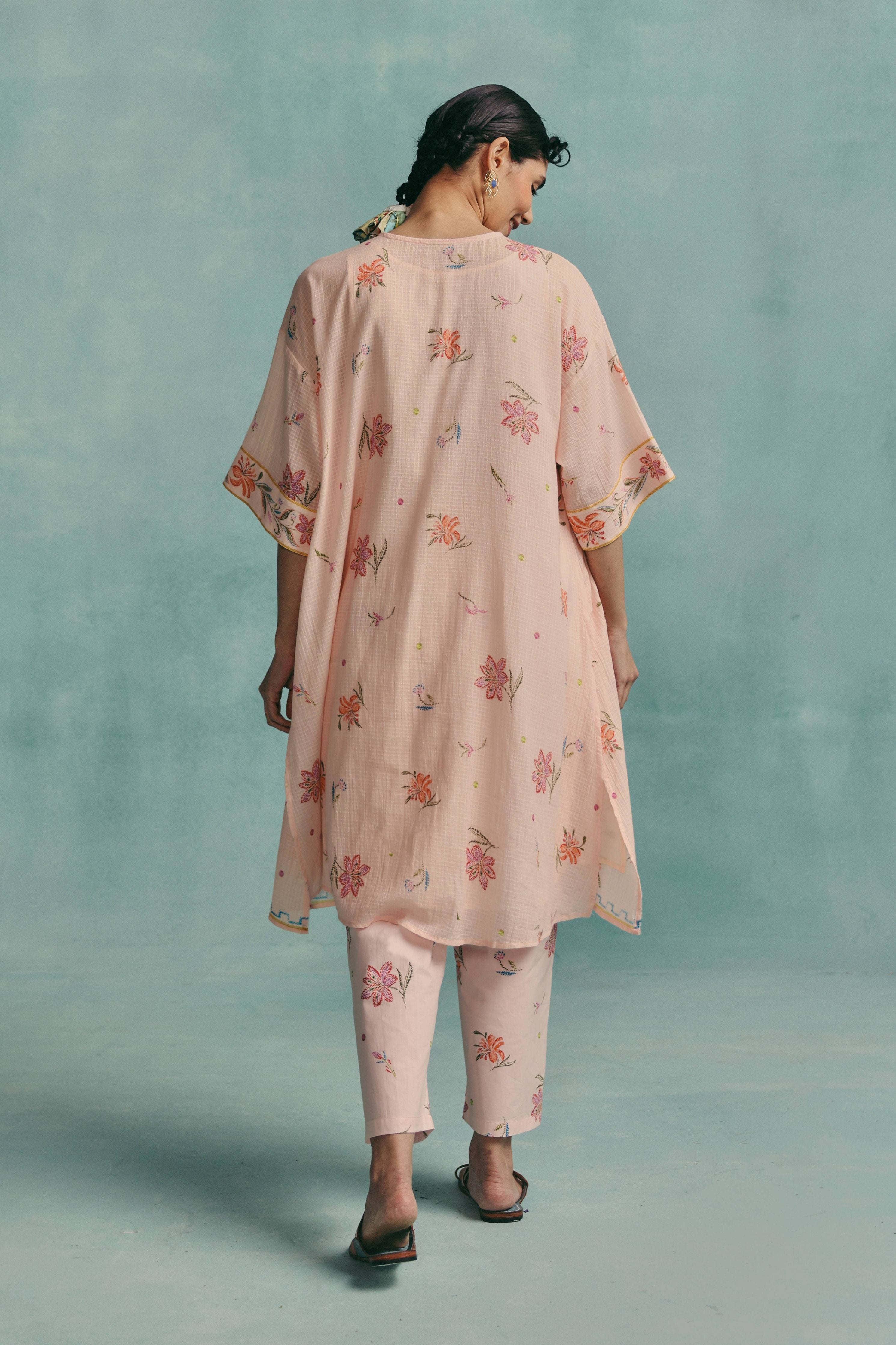 Hibiscus Round Neck Kaftan Set  Pink