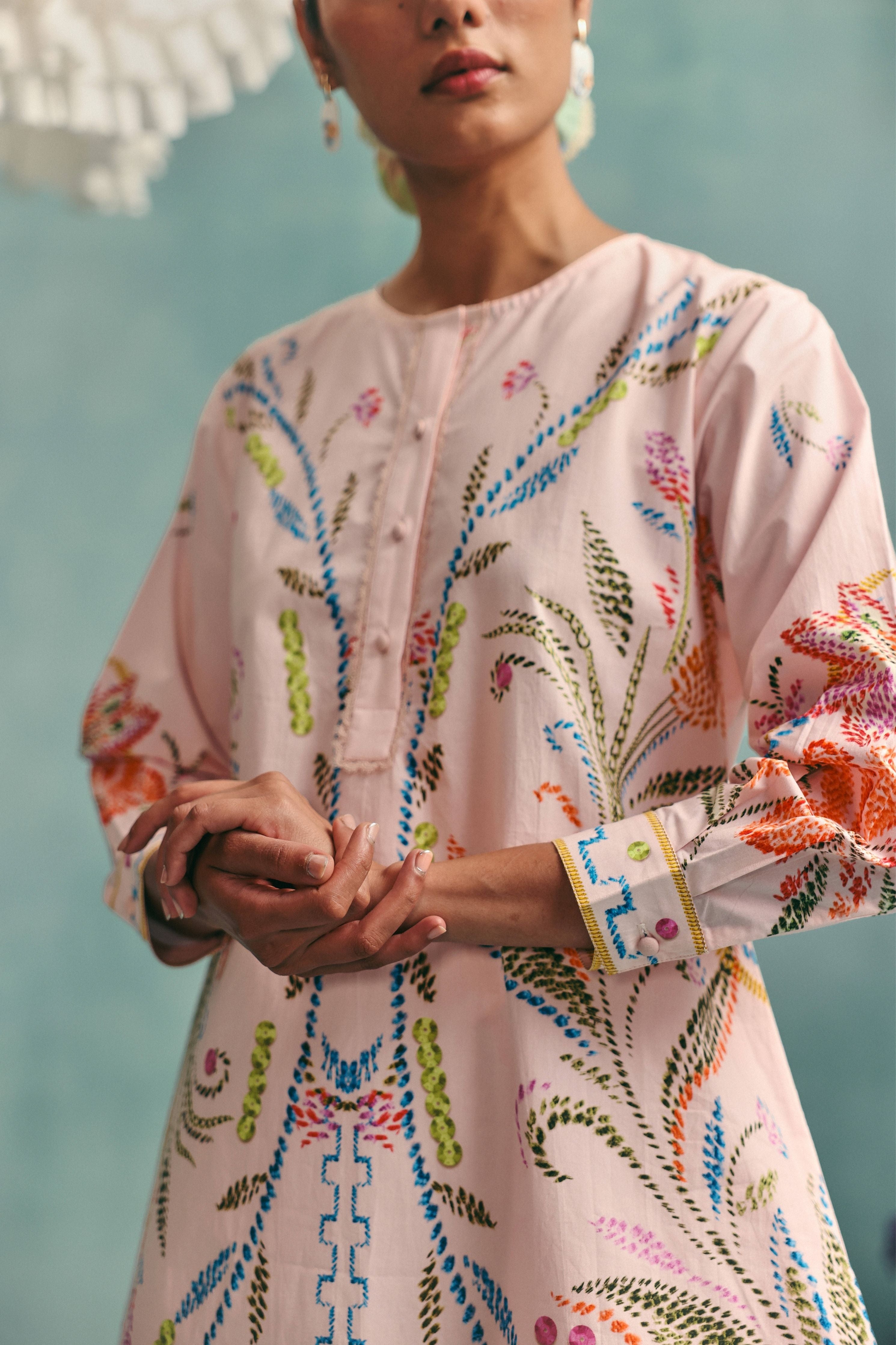 Hibiscus Round Neck Kurta Set  Pink