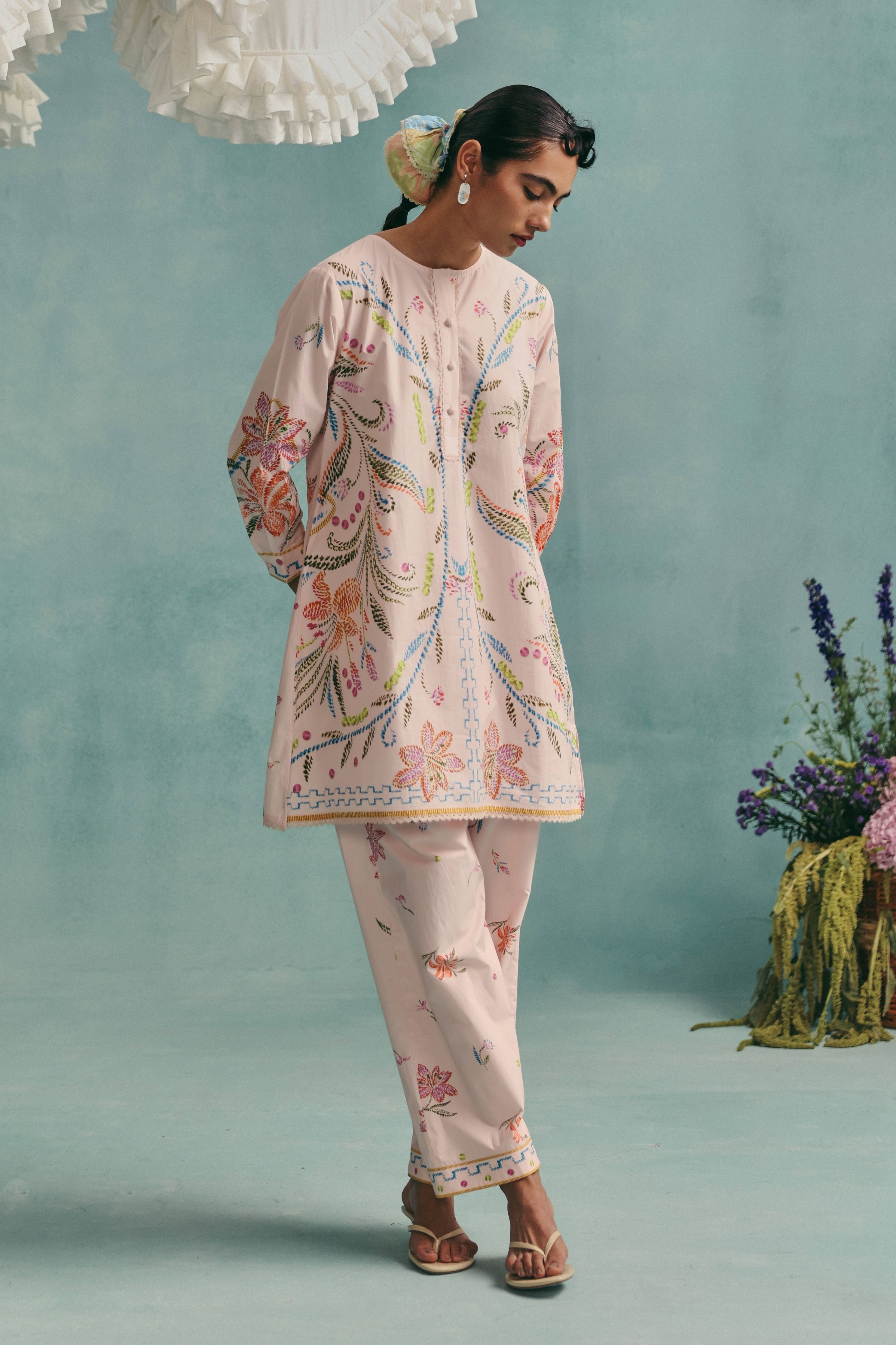 Hibiscus Round Neck Kurta Set  Pink