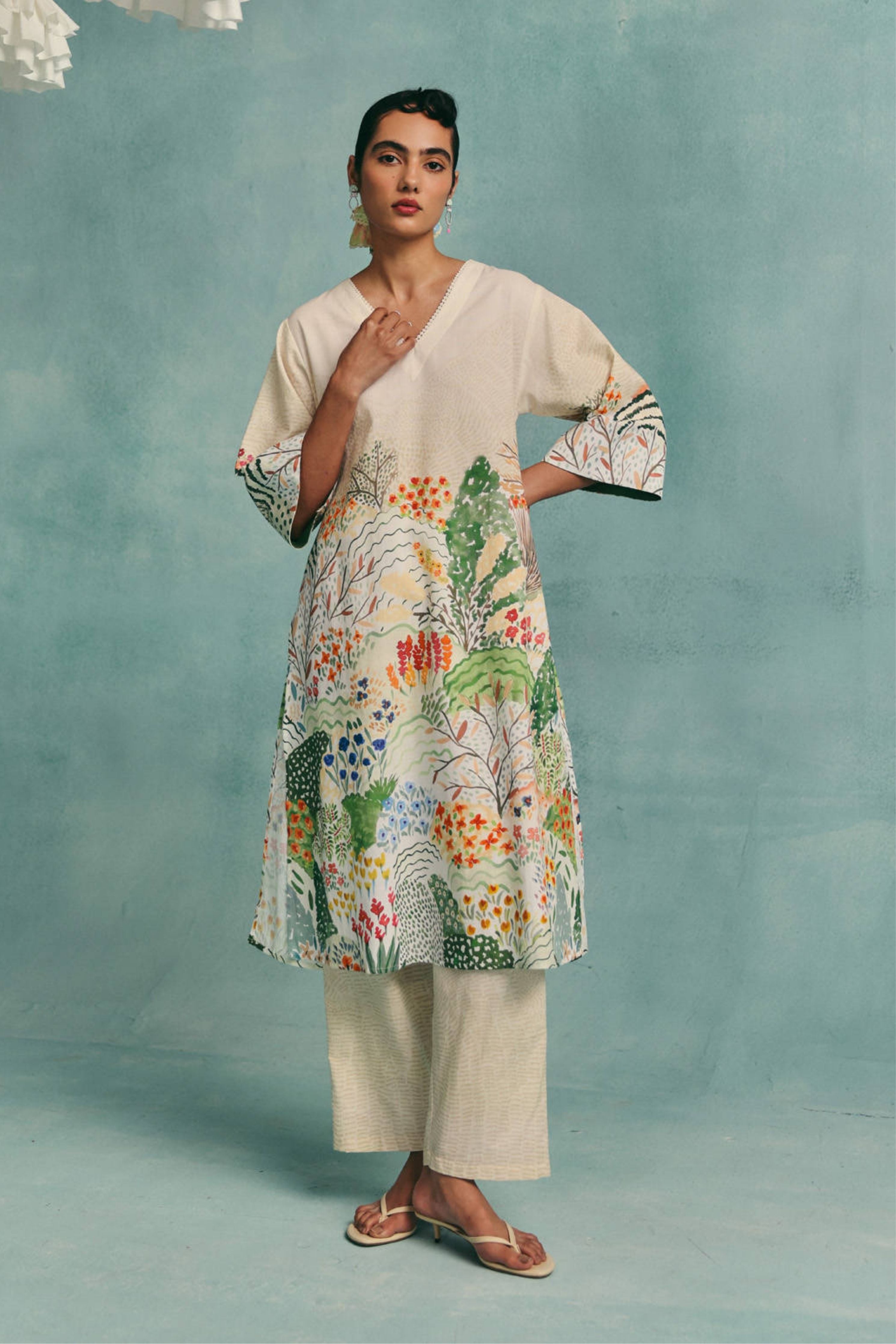 Meadow Vneck Kurta Set  Ecru