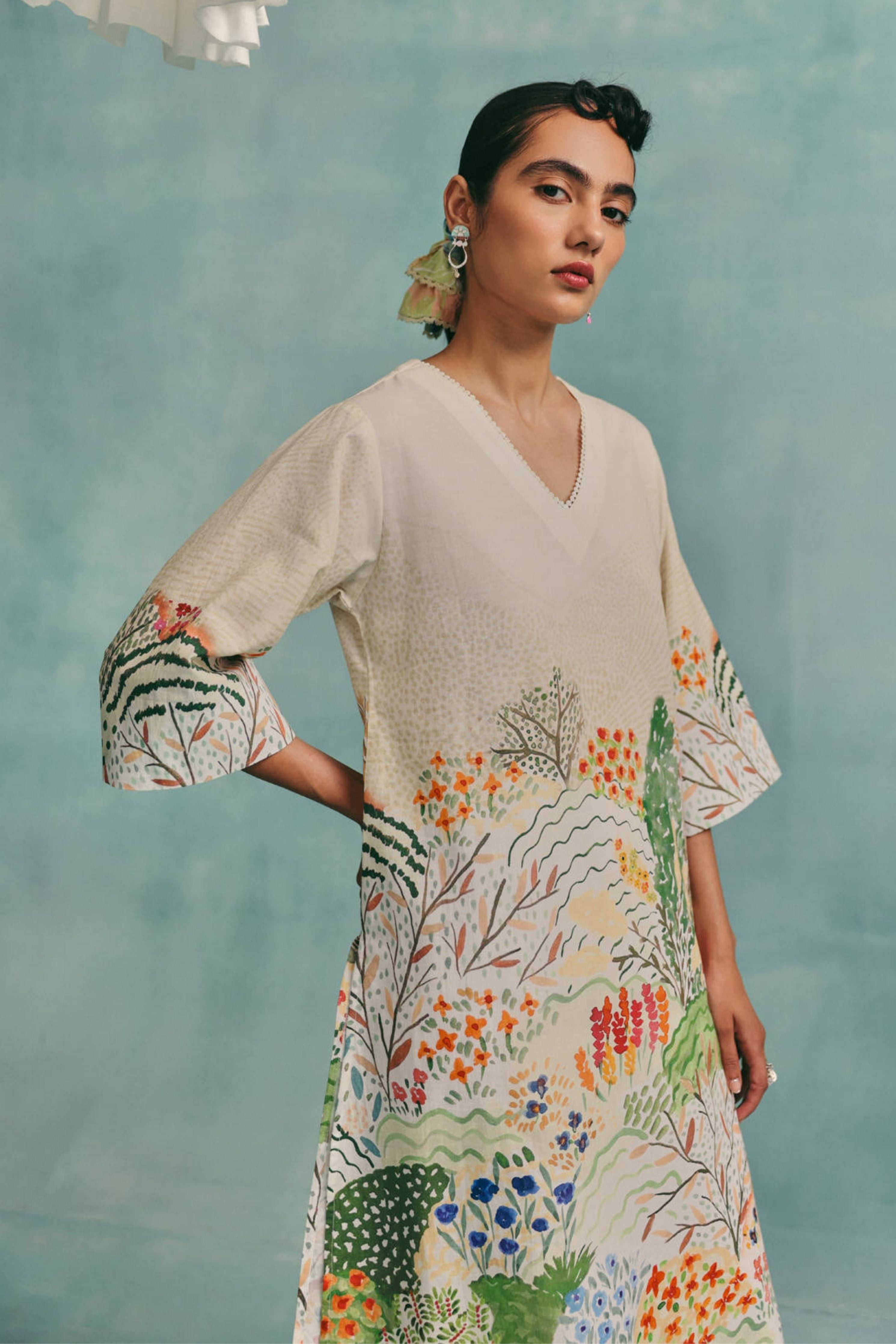 Meadow Vneck Kurta Set  Ecru