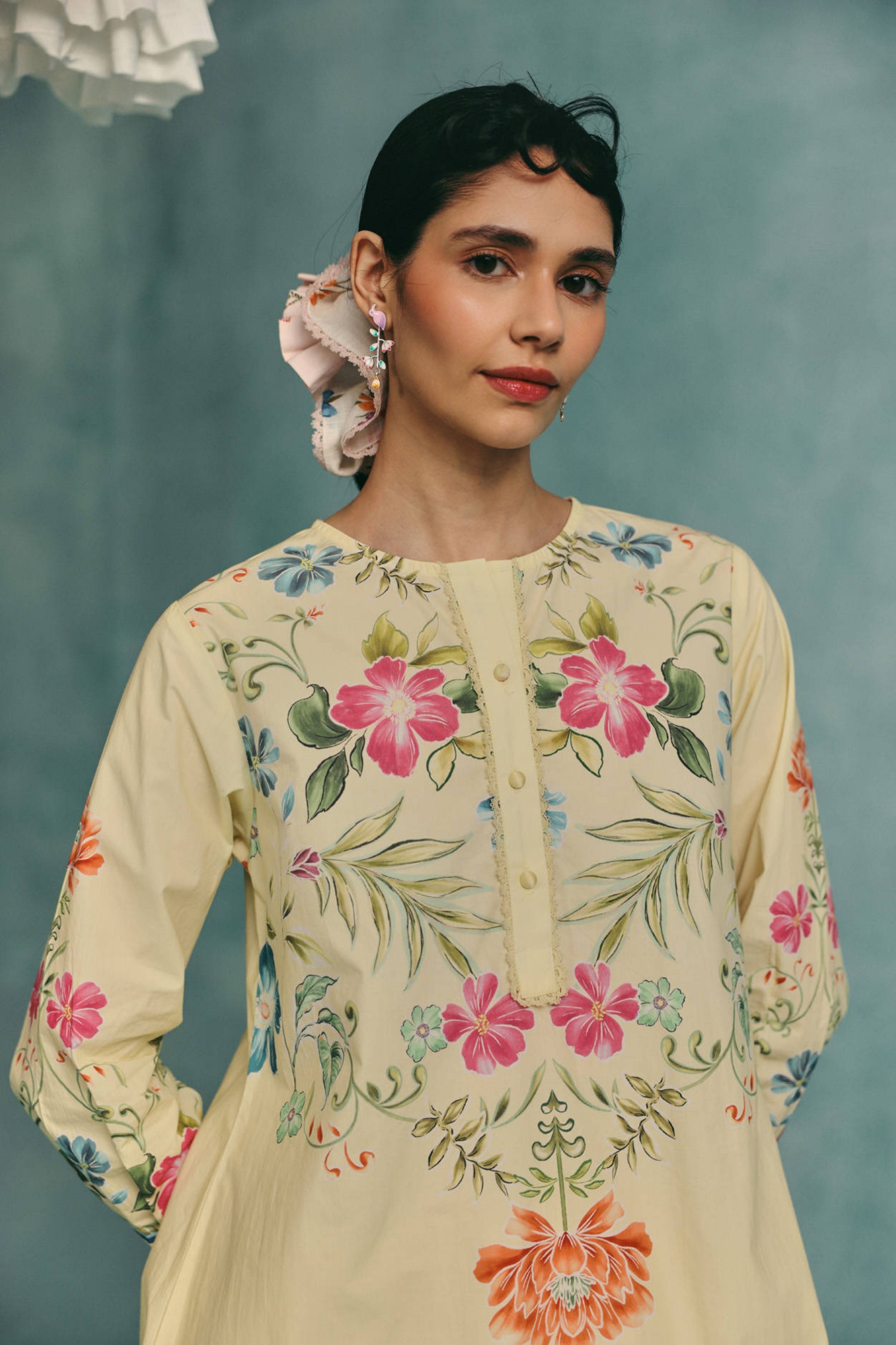 Rose Round Neck Kurta Set  Lemon
