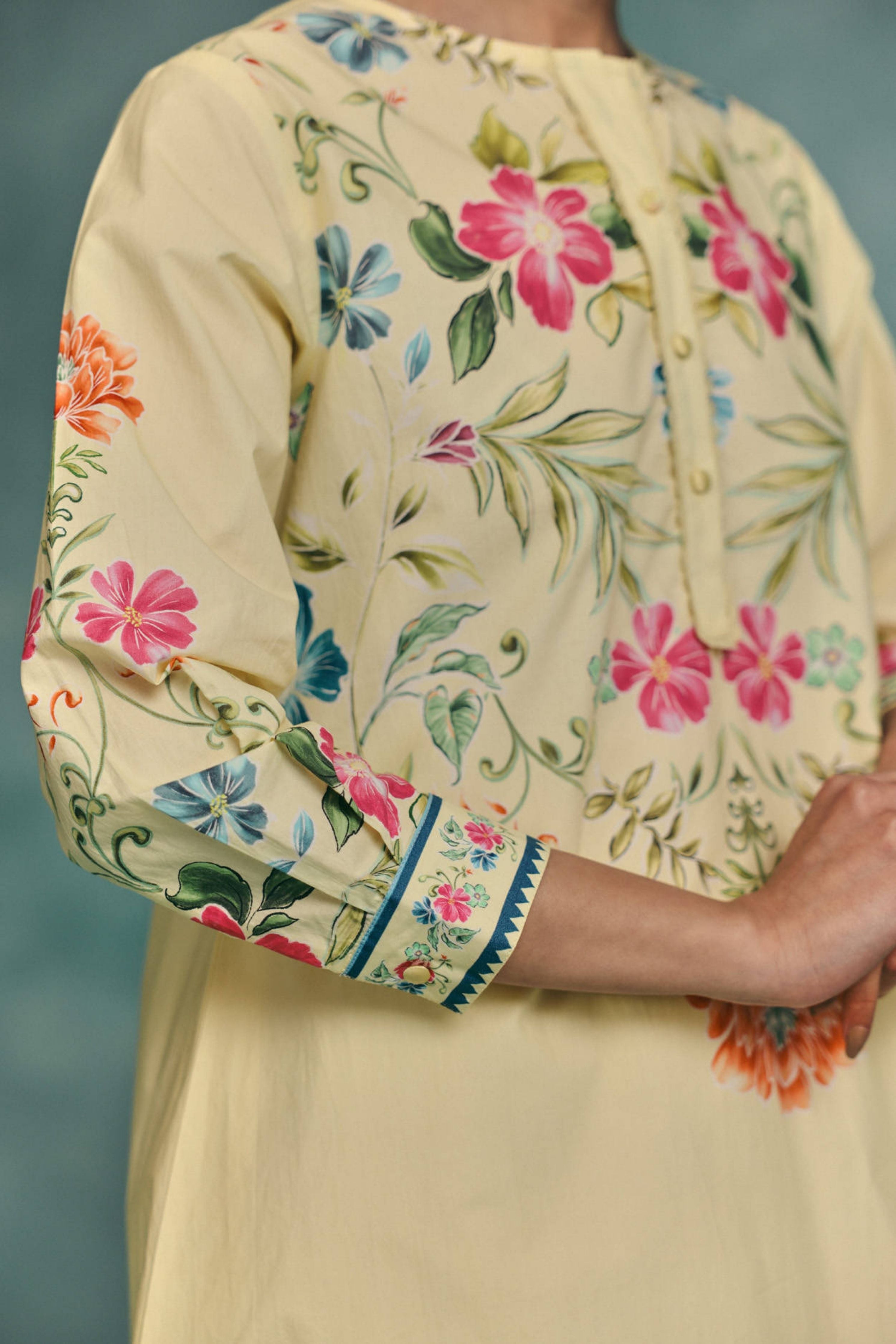 Rose Round Neck Kurta Set  Lemon