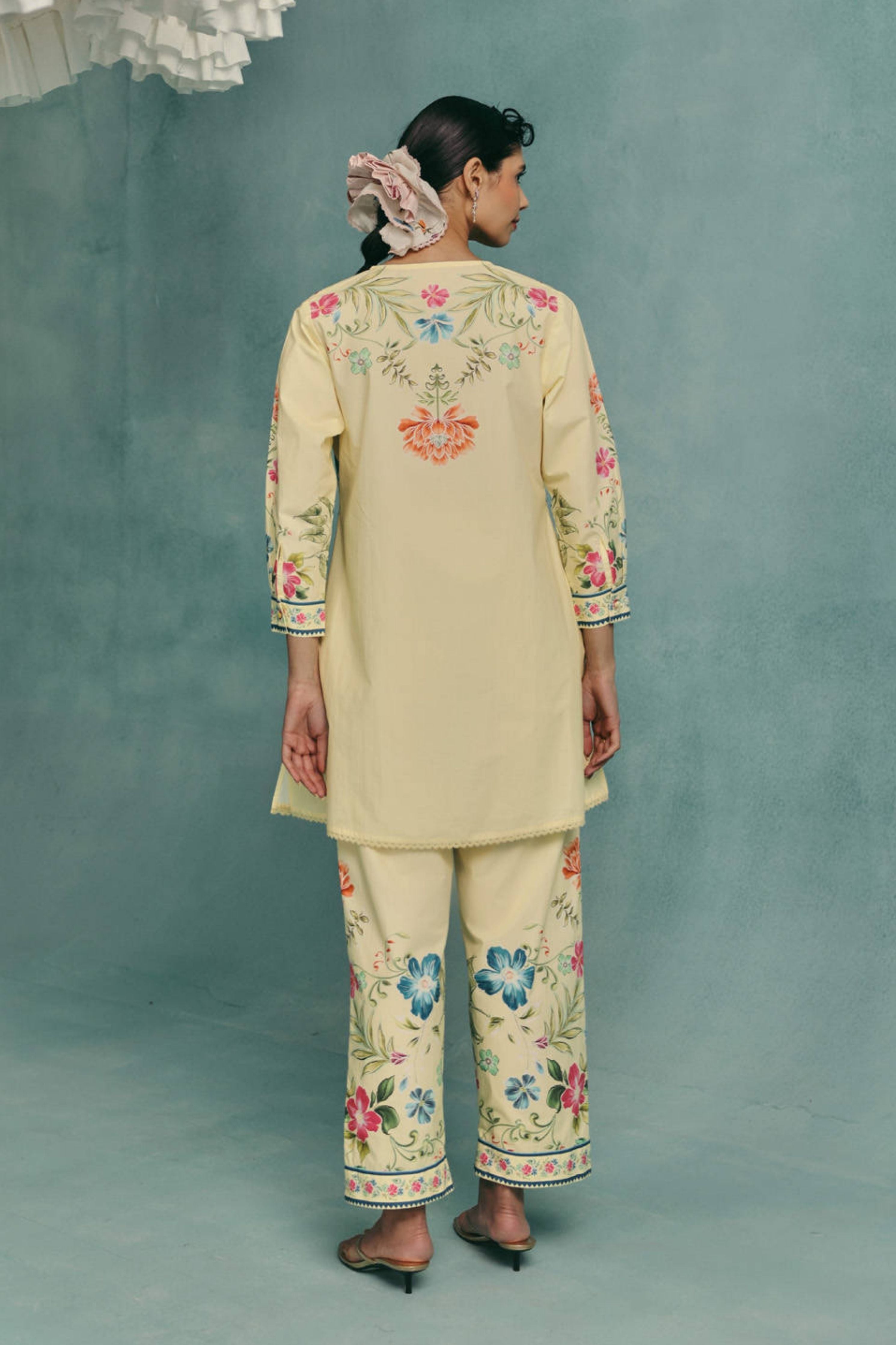 Rose Round Neck Kurta Set  Lemon