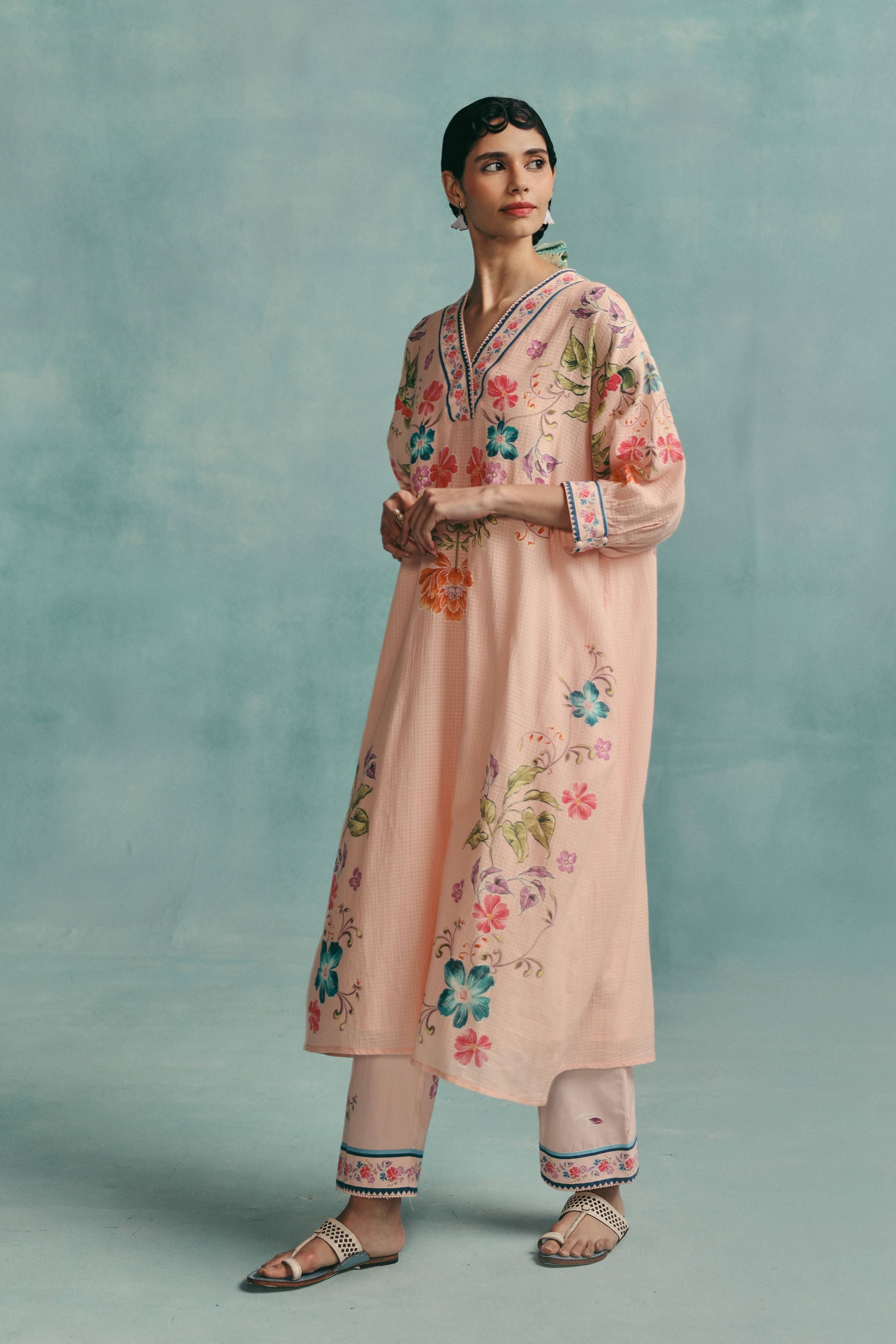 Rose Vneck Kaftan Set  Pink