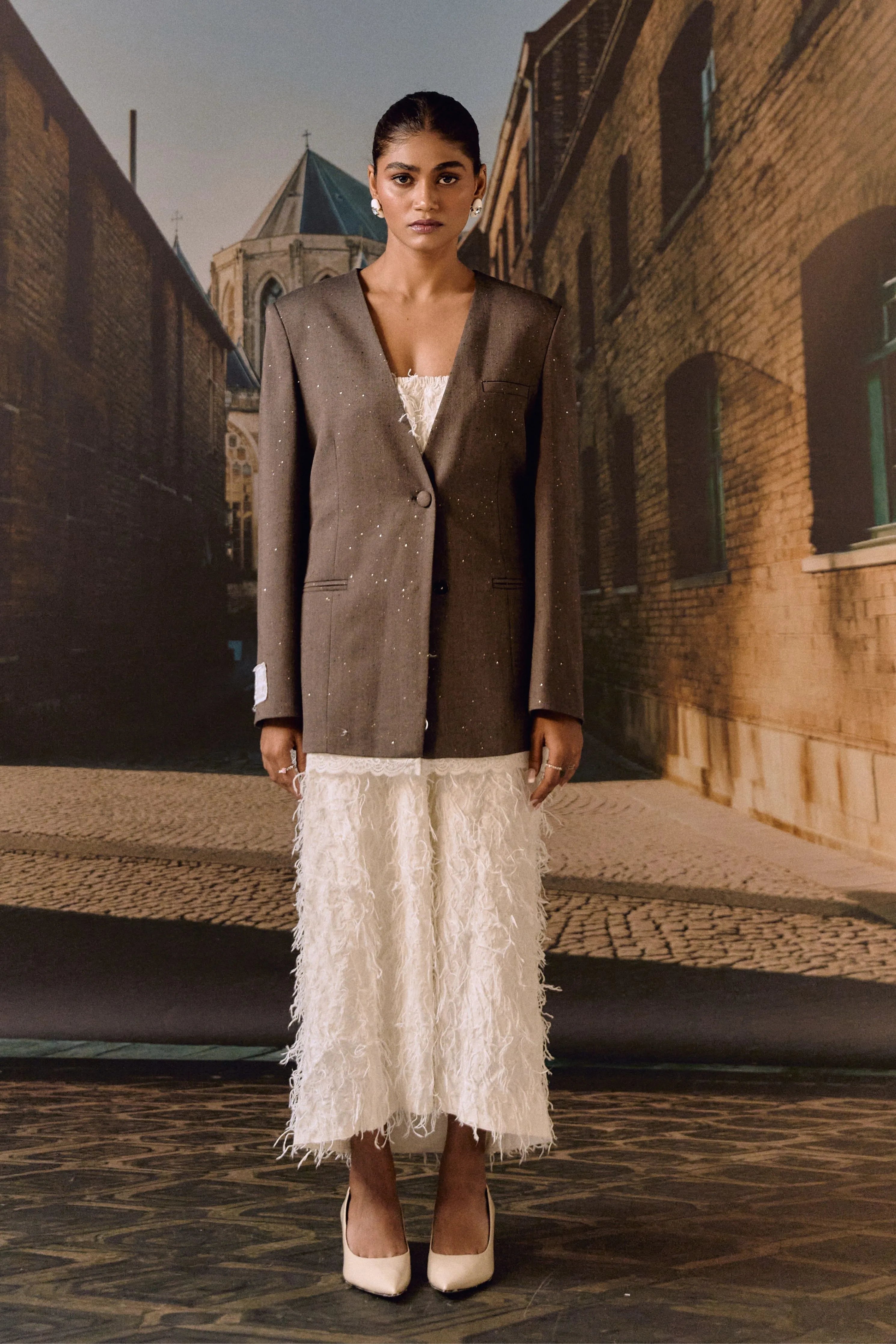 Taupe Wool Sparkle Lace Blazer