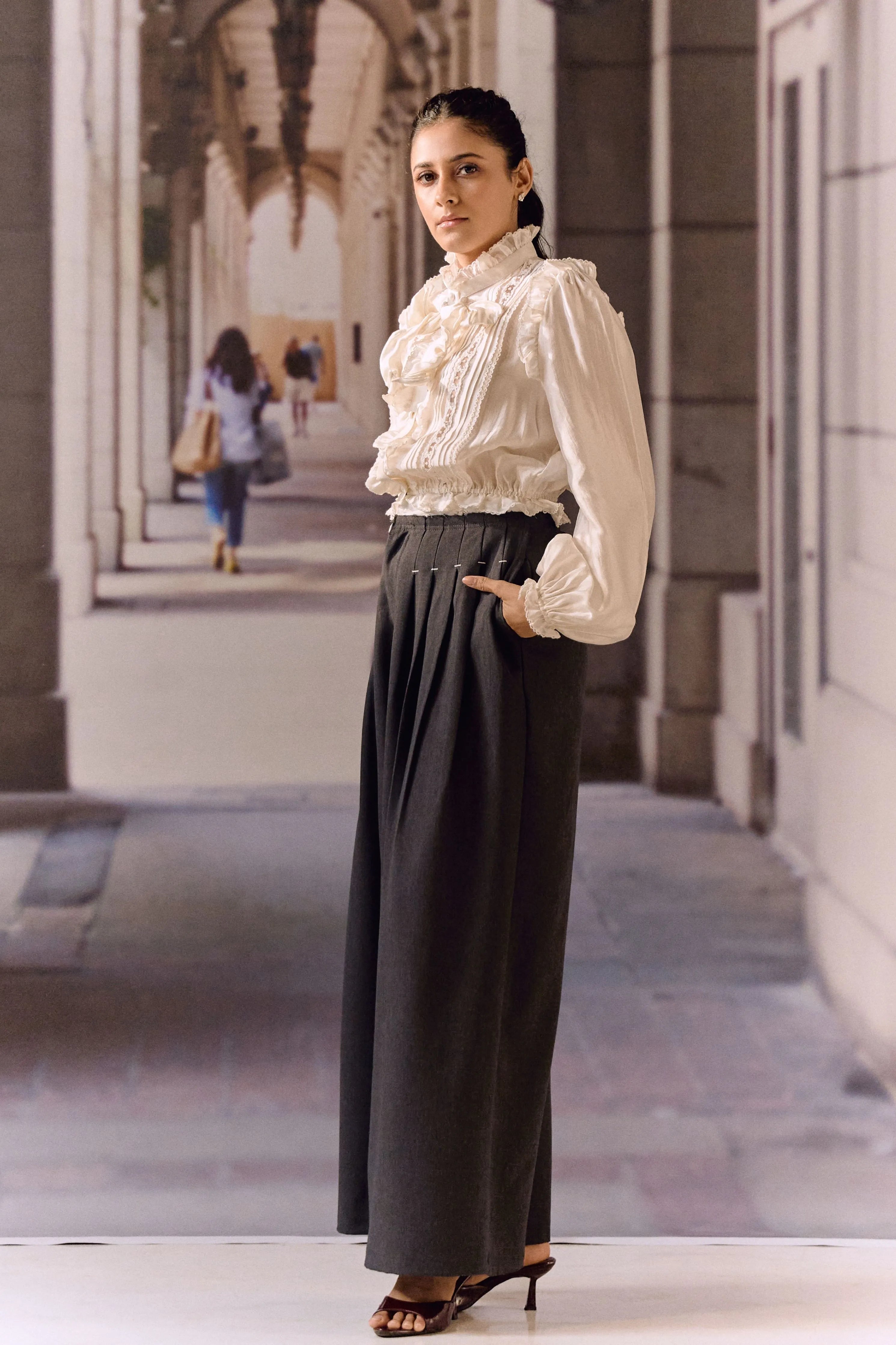 Pintuck Wide-Leg Trousers- Dark Grey
