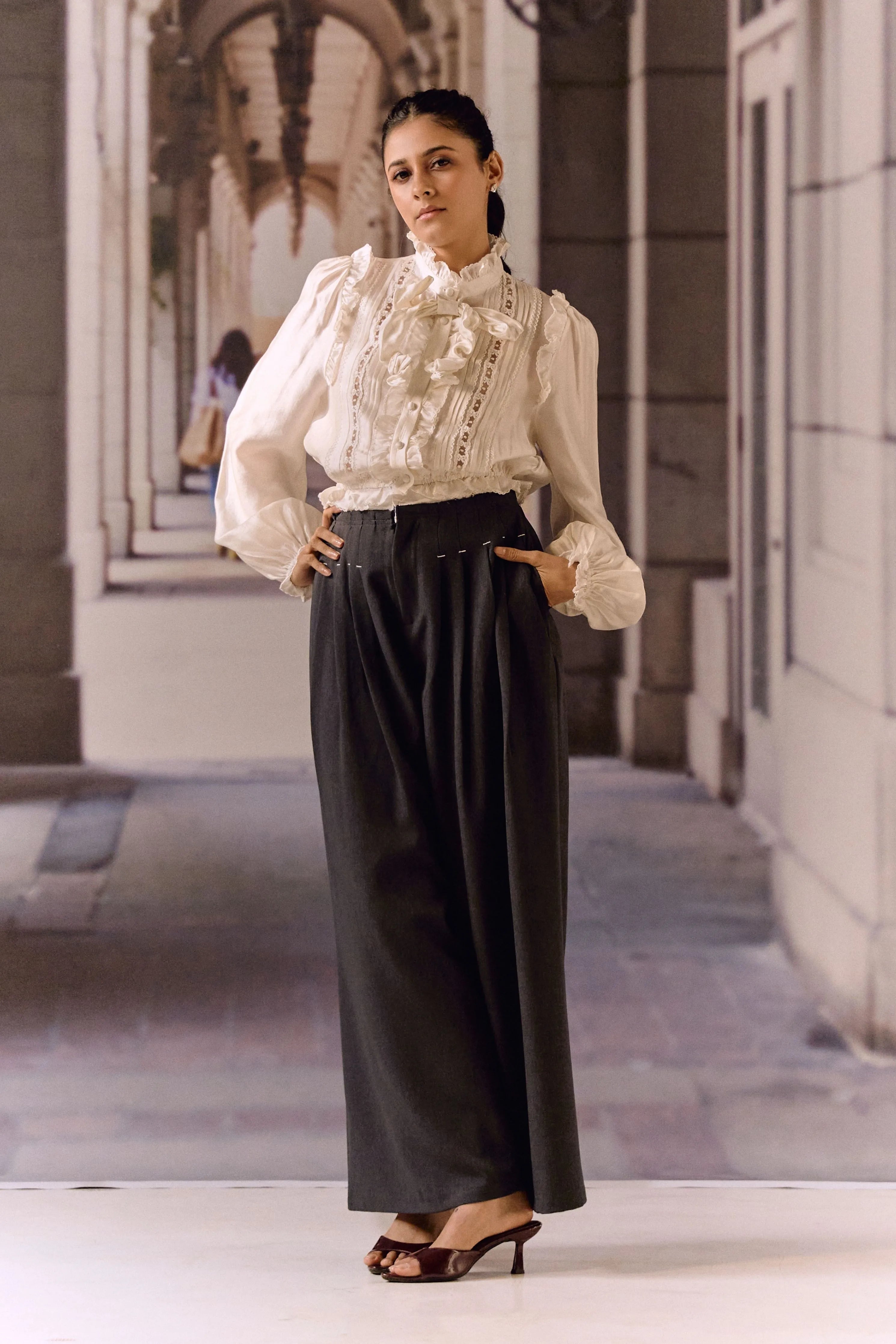 Pintuck Wide-Leg Trousers- Dark Grey
