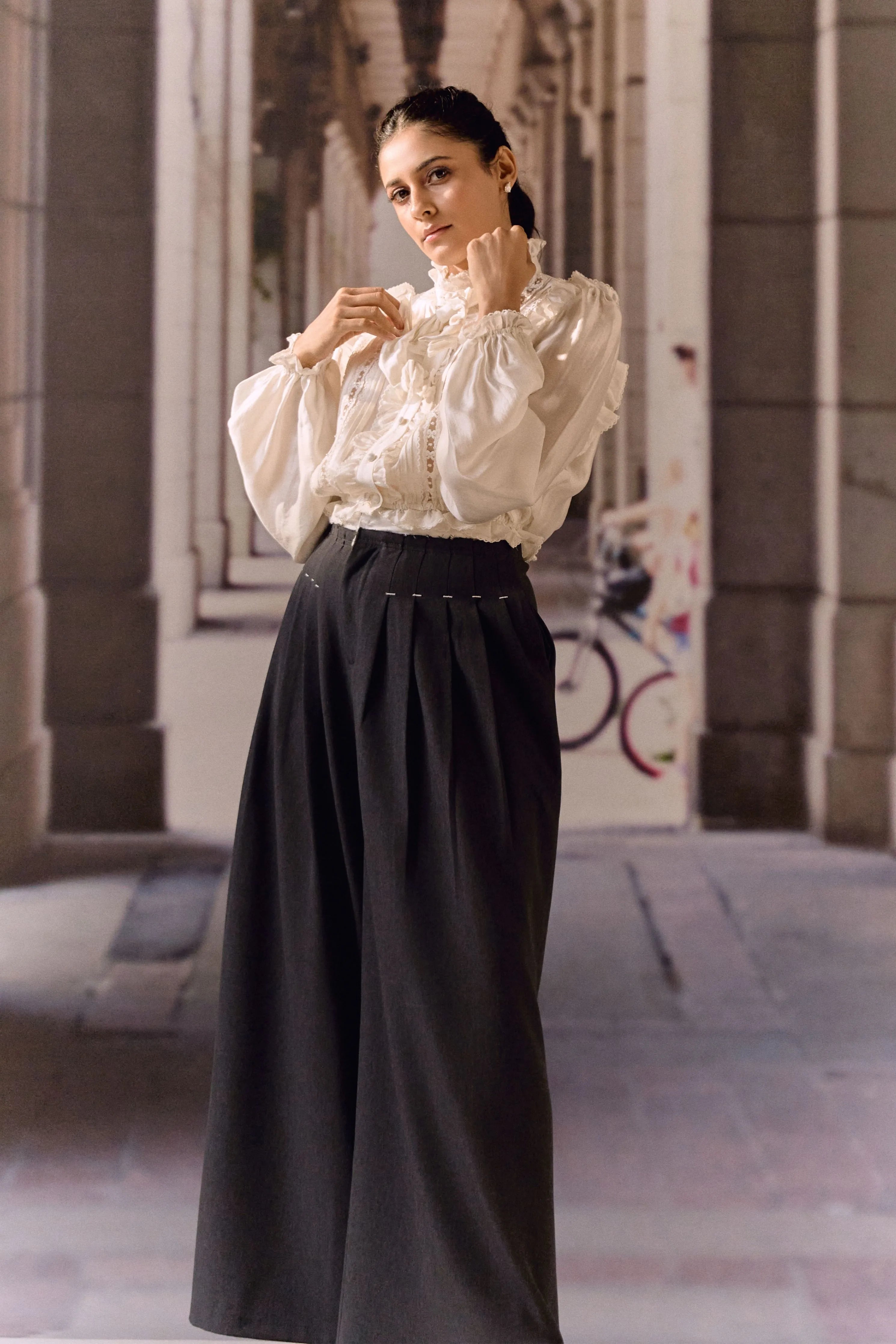 Pintuck Wide-Leg Trousers- Dark Grey