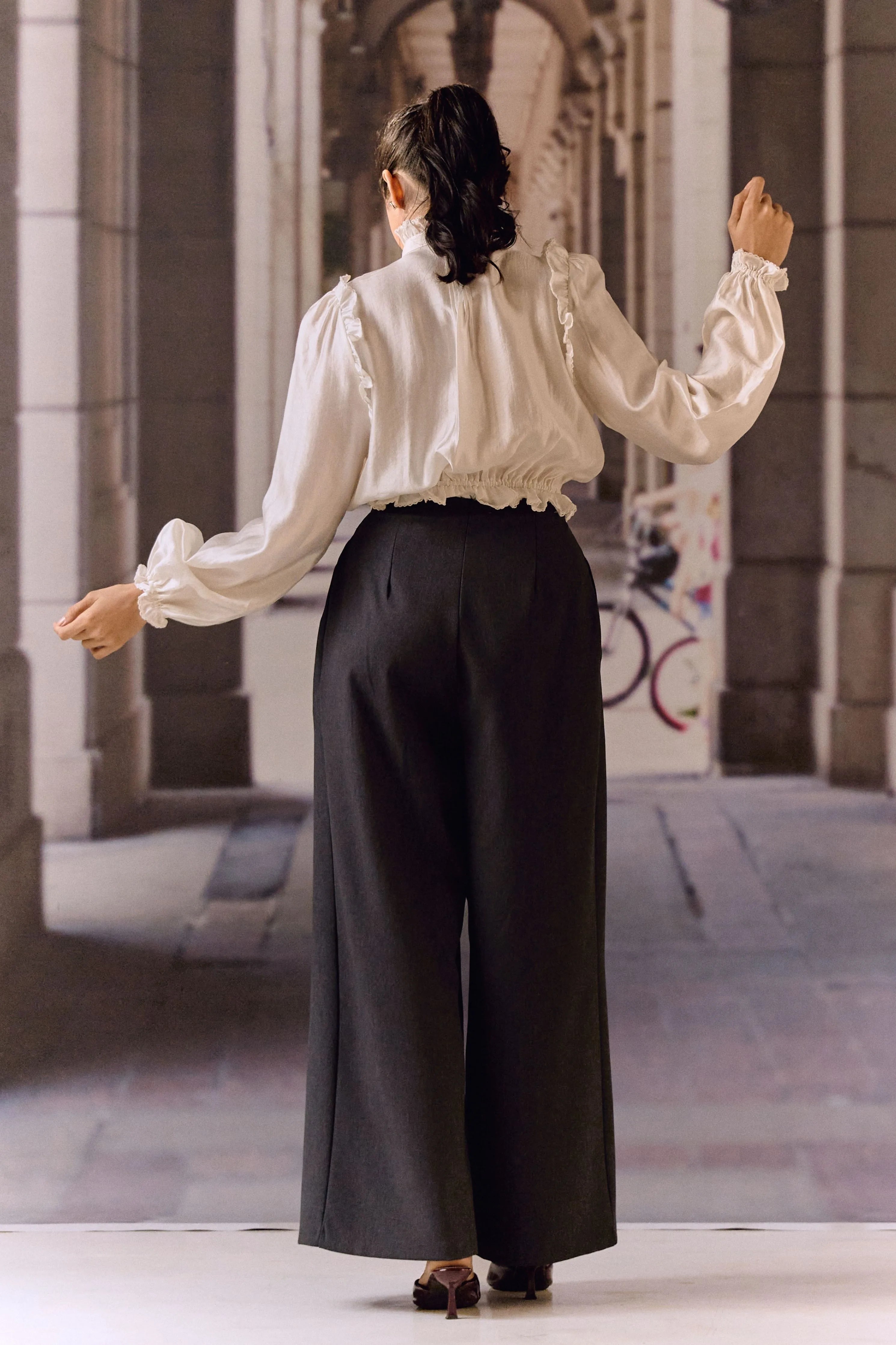 Pintuck Wide-Leg Trousers- Dark Grey