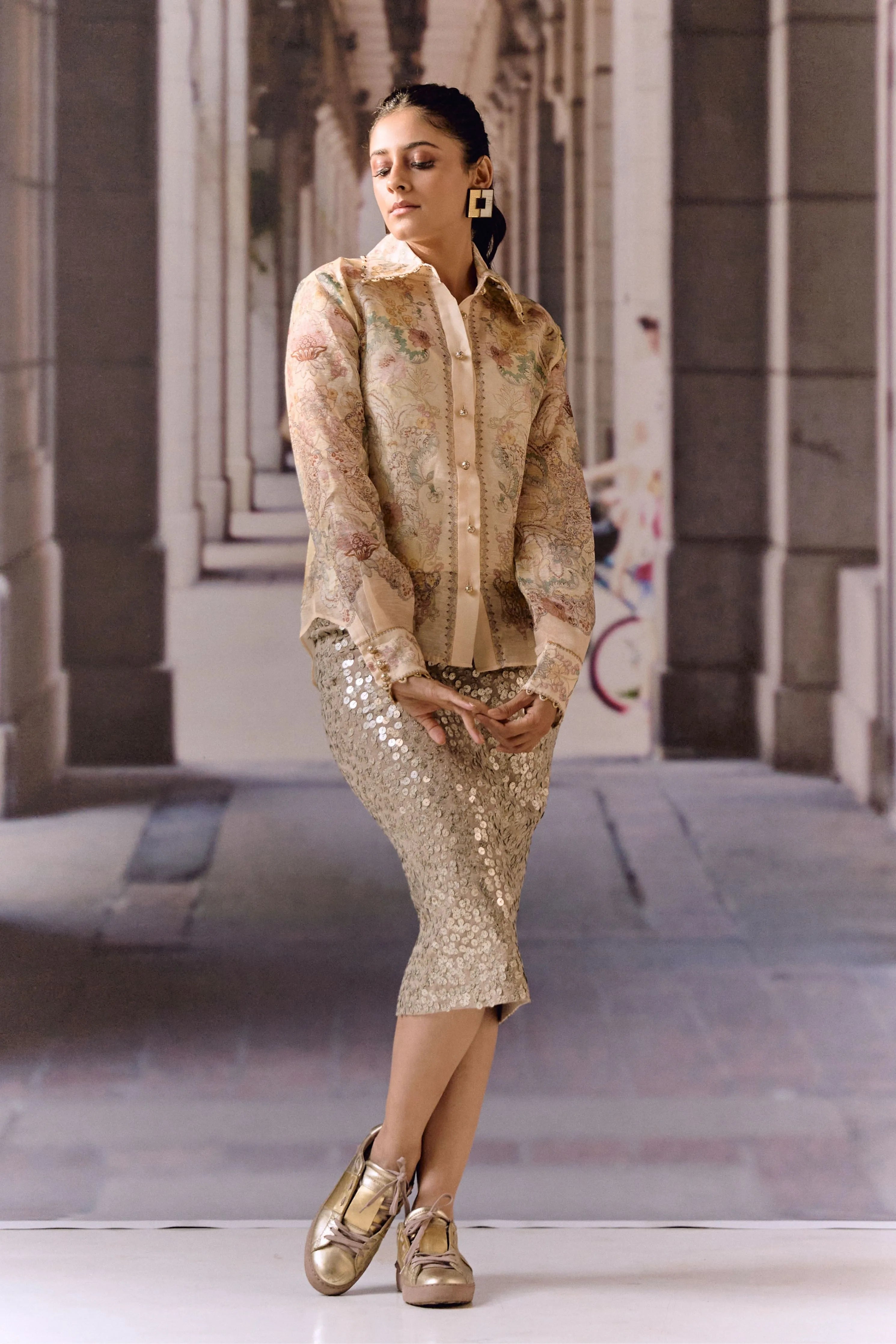 Champagne Sequin Pencil Midi Skirt