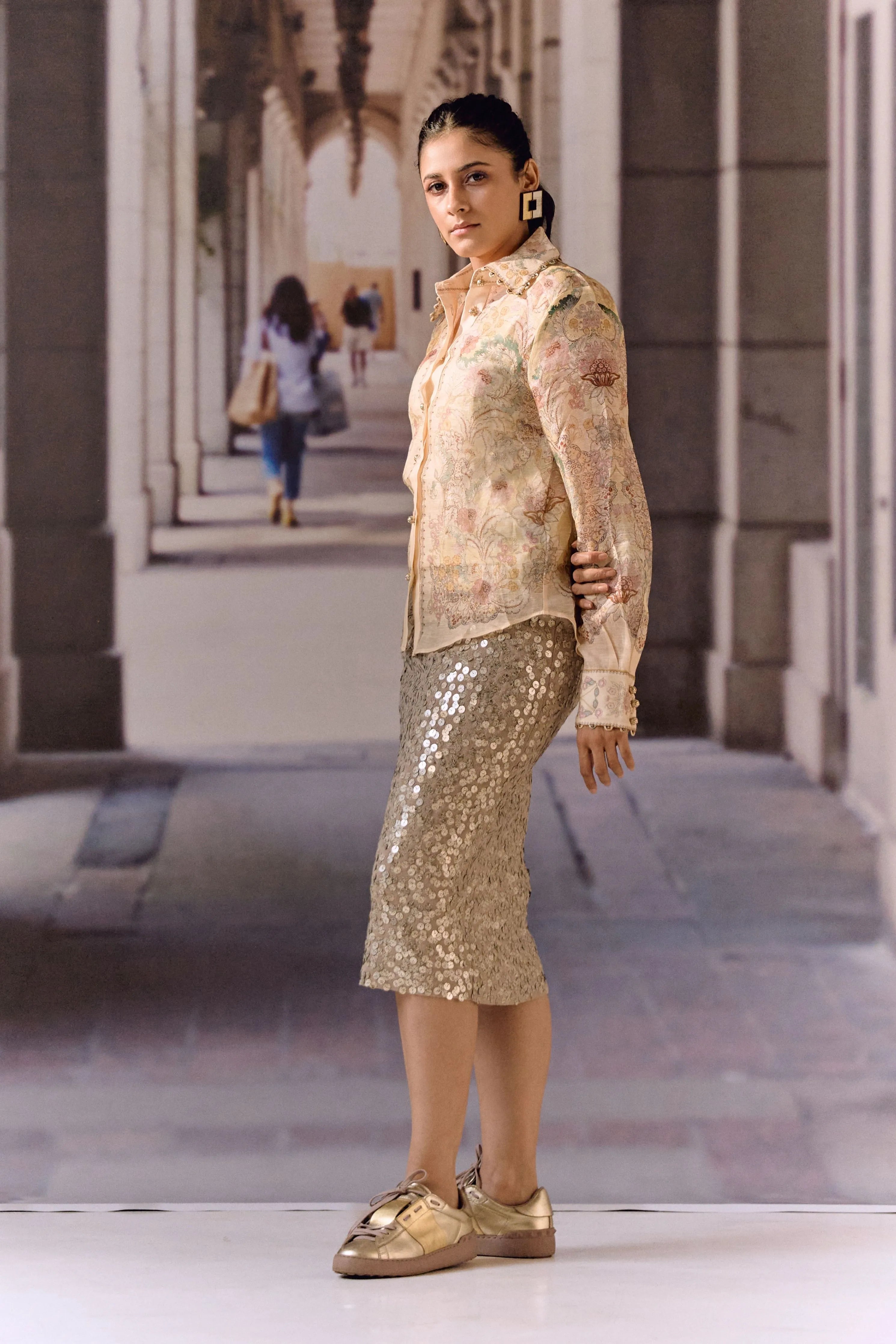 Champagne Sequin Pencil Midi Skirt