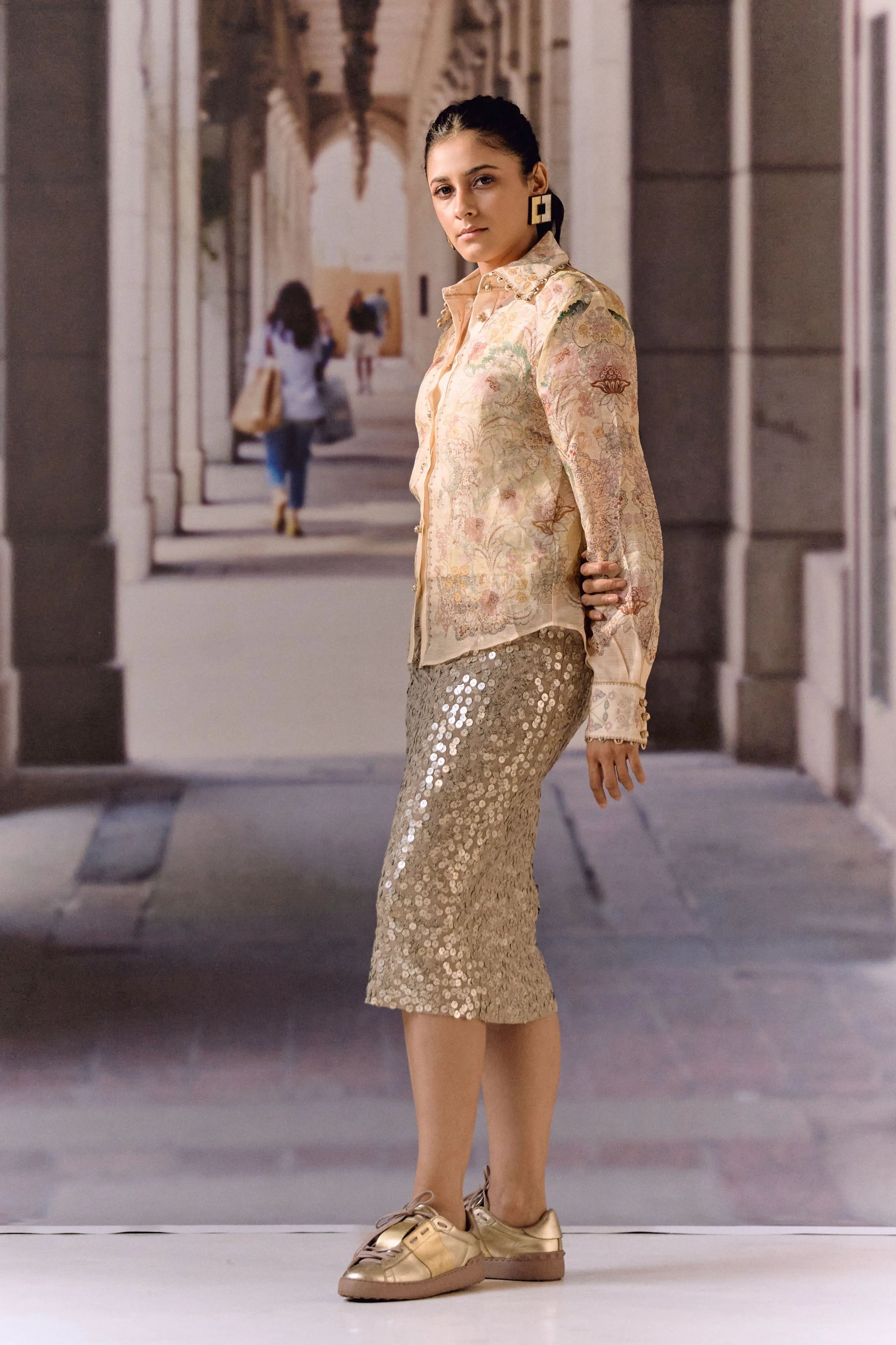 Champagne Sequin Pencil Midi Skirt